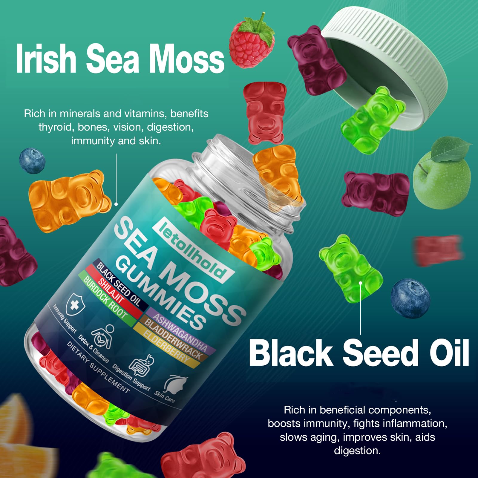 Sea Moss Gummies - Irish Sea Moss Gummies Advanced for Adults with Ashwagandha Bladderwrack & Burdock Root for Supports Immune，Energy - 60 Vegan Gummy,5PCS letollhold uk supplements