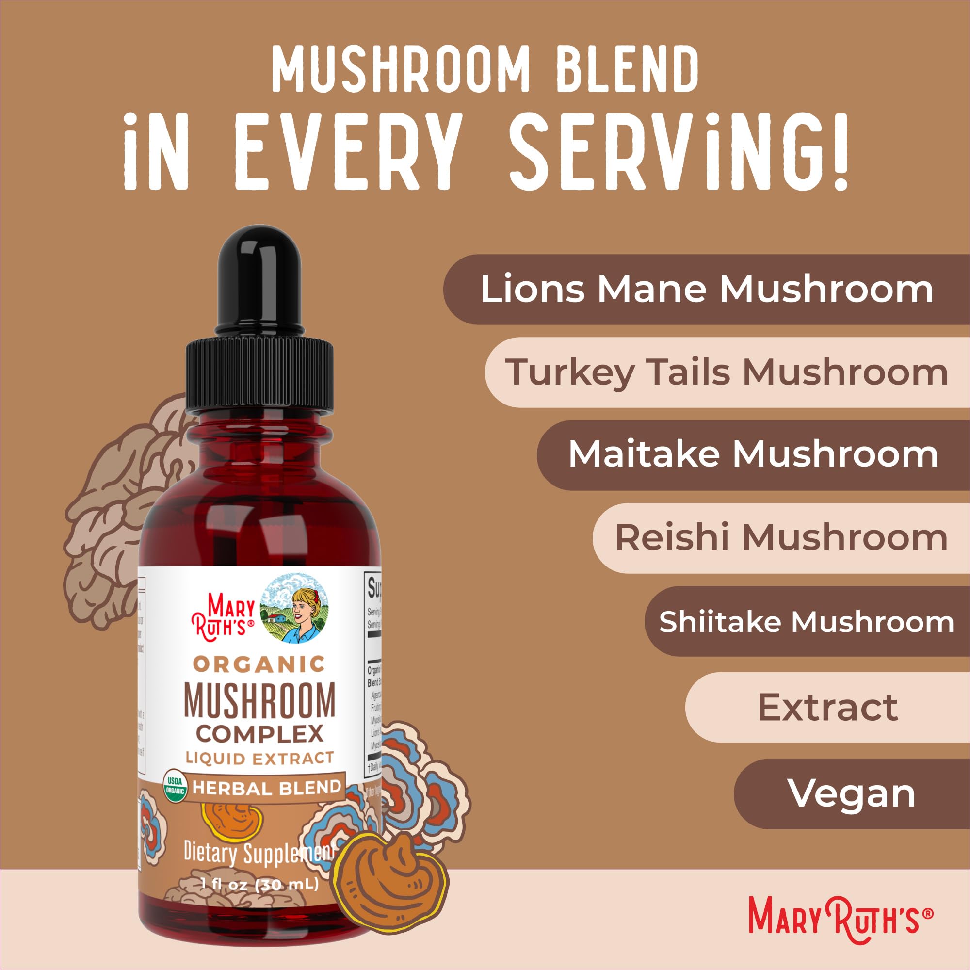 MaryRuth's Mushroom Complex | Lion's Mane | Turkey Tail | Reishi Mushroom | Shiitake Mushrooms | Alcohol Free | Mushroom Blend | Organic | Non-GMO | Vegan | 30 Servings MARYRUTH'S uk supplements