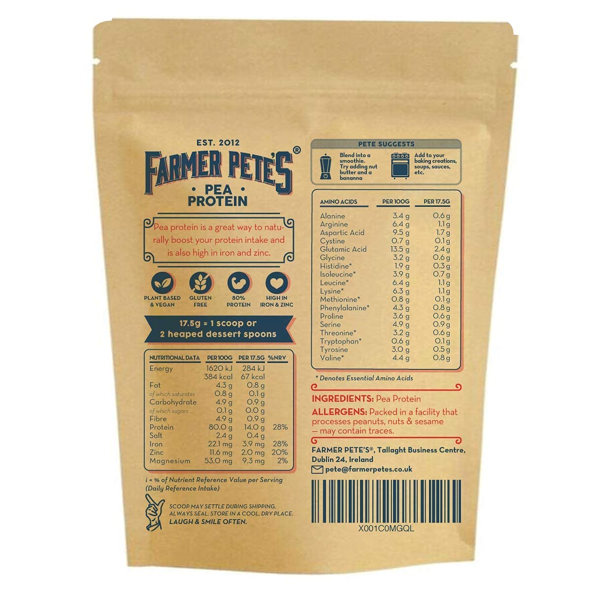 Farmer Pete's Pea Protein Powder 1kg - Dairy Free, Gluten Free, Natural Plant Based Vegan Protein Powder Isolate (1kg) Farmer Pete's uk supplements