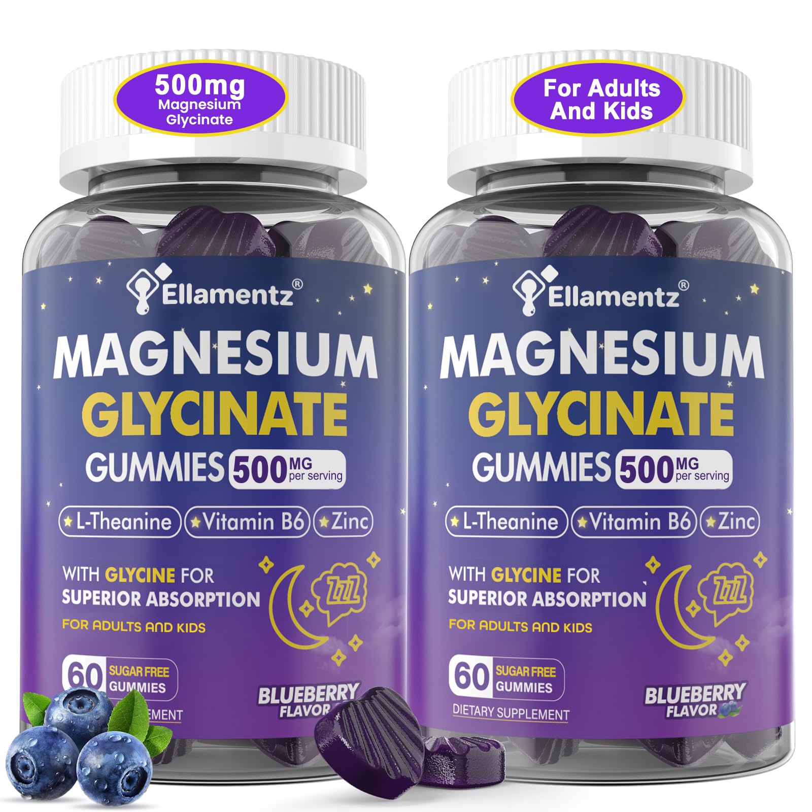 Magnesium Glycinate Gummies 500mg/250mg for Adults Kids Teens, Sugar Free Magnesium Calm Sleep Aid, Kids Sleep Gummies with L-Theanine Glycine B6 for Sleep, Calm, Muscle,Relax Brain,No Melatonin,2Pack ELLAMENTZ uk supplements