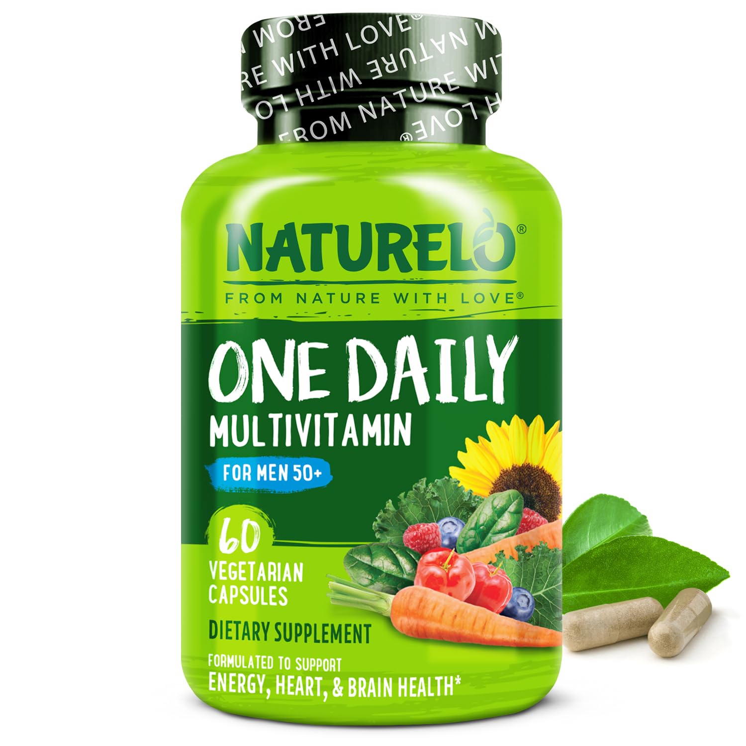 NATURELO Mens Multivitamins for Men 50+ - One Daily Multivitamin for Men with Vitamins, Minerals & Organic Whole Foods, Boost Energy & Health, Non-GMO, 60 Vegetarian Capsules NATURELO uk supplements