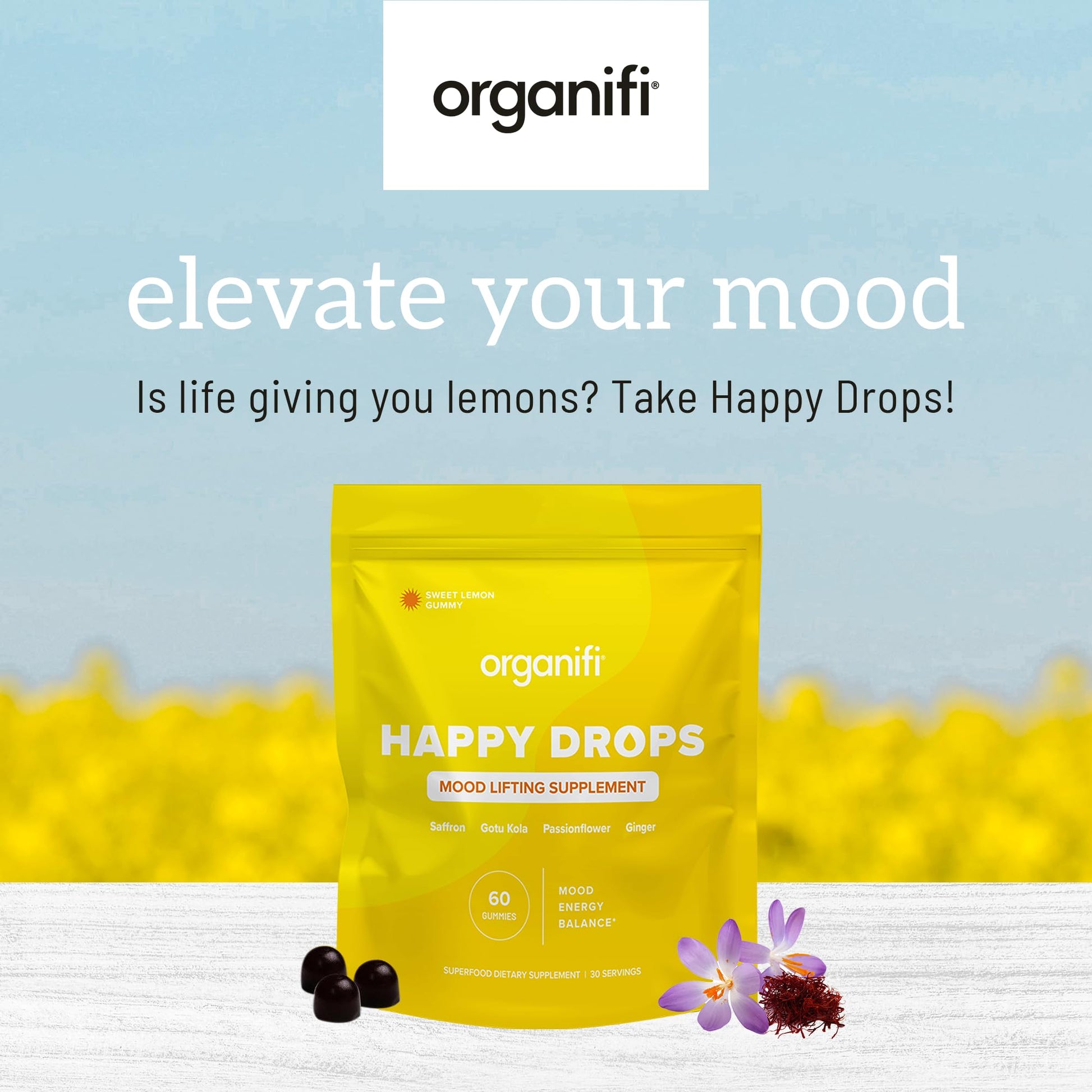 Organifi Happy Drops - Daily Superfood Happy Gummies for Adults - Mood Support Supplement for Balance, Bliss, Energy and Taking the Edge Off - Sweet Lemon Flavor - 60 Gummies Organifi uk supplements
