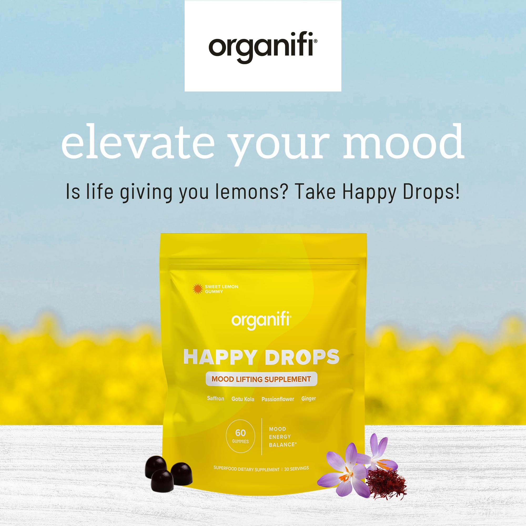 Organifi Happy Drops - Daily Superfood Happy Gummies for Adults - Mood Support Supplement for Balance, Bliss, Energy and Taking the Edge Off - Sweet Lemon Flavor - 60 Gummies Organifi uk supplements
