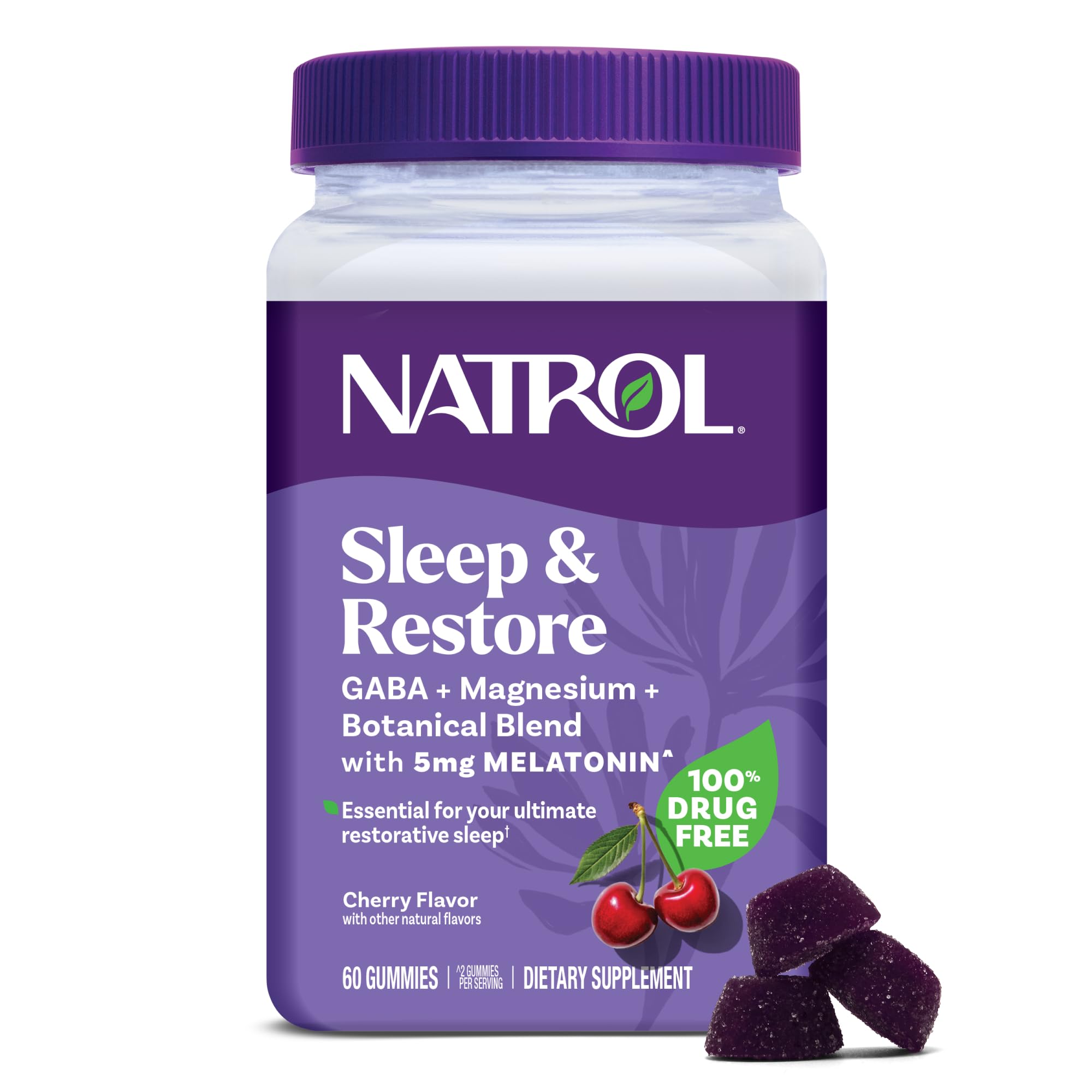 Natrol Sleep + Restore Magnesium Glycinate Blend Gummies with Melatonin 5mg - Calm Magnesium with GABA, Botanical Blend, Cherry Flavor, 60 Gummies Natrol uk supplements