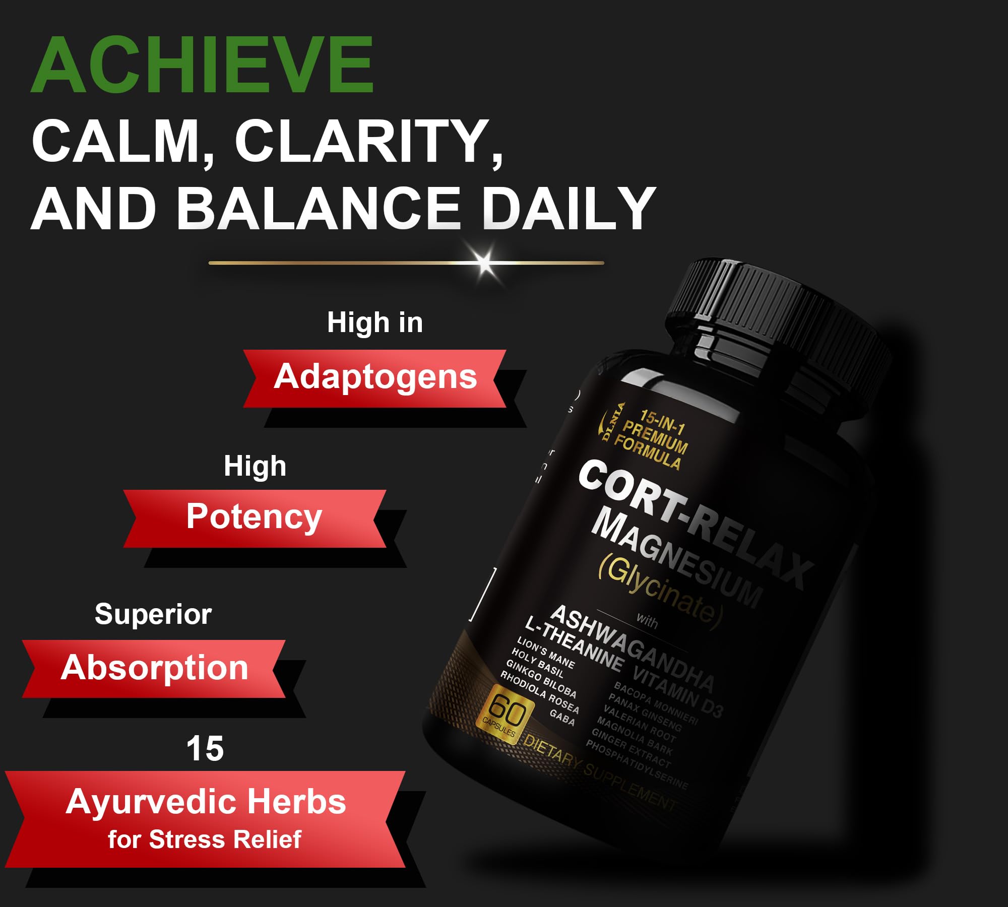 Super Calm Cortisol Supplements for Women & Men with Magnesium Glycinate, Ashwagandha, L-Theanine, Phosphatidylserine, Ginkgo & Lions Mane for Calm, Focus, Mental Clarity, Relaxation, Sleep, Energy DLNIA uk supplements