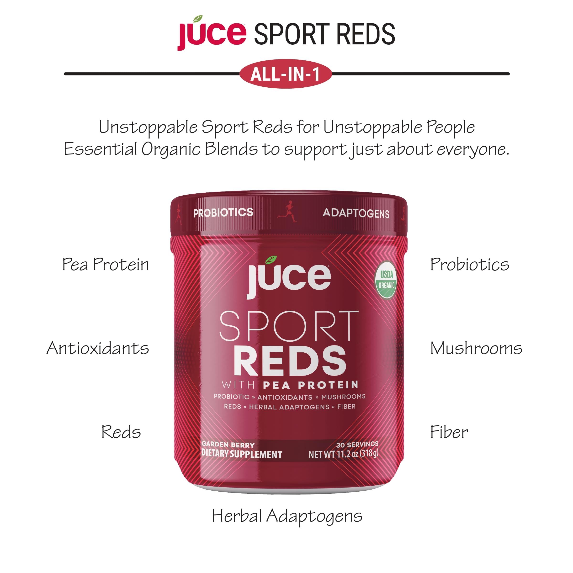 Terra Kai Organics Juce SR7 Sport Reds Organic Fruit & Veggies w/Pea Protein | 43 Superfoods, Antioxidants, Mushrooms, Beets, Herbal Adaptogens, Probiotic, Fiber, Garden Berry Flavor (30 Servings) Terra Kai Organics uk supplements