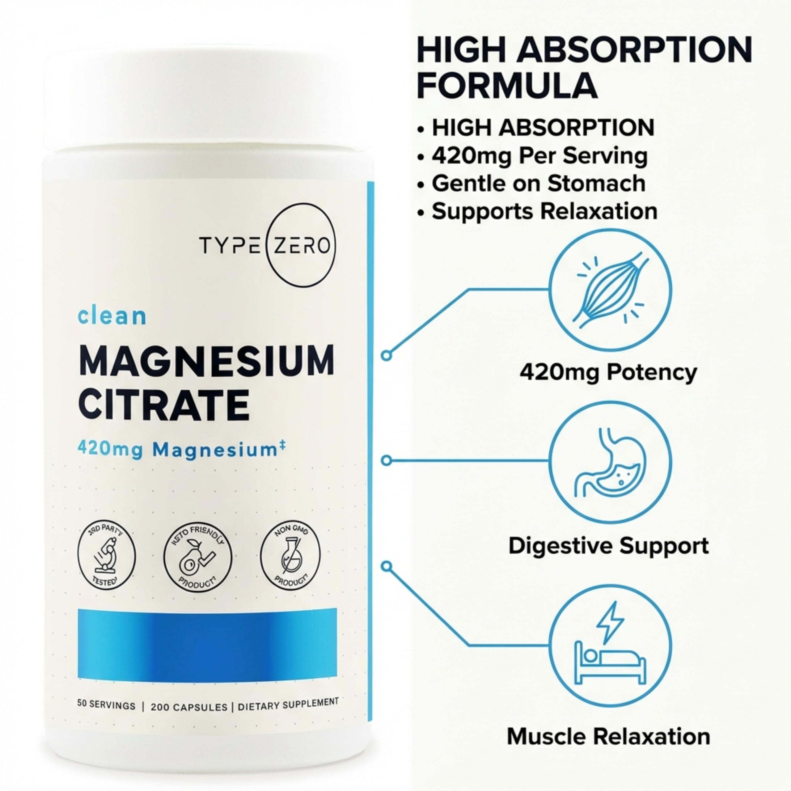 Type Zero Clean Magnesium Citrate Capsules (420mg Per Serving - 200 Capsules) Pure Magnesium Citrate Supplement, Non-GMO - Gluten Free, 50 Servings Type Zero uk supplements
