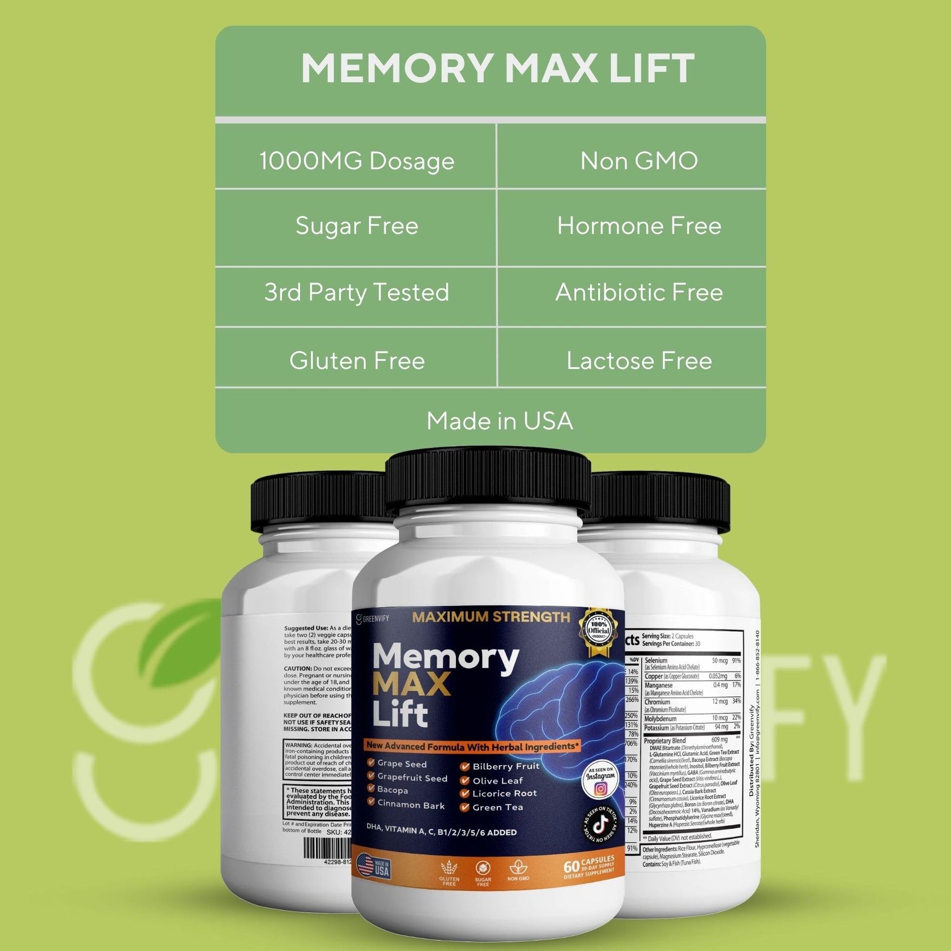 GREENVIFY Memory MAX Lift Brain Support Supplement, 60 Capsules, with Vitamins and Herbal Blend, 30 Day Supply (1) GREENVIFY uk supplements