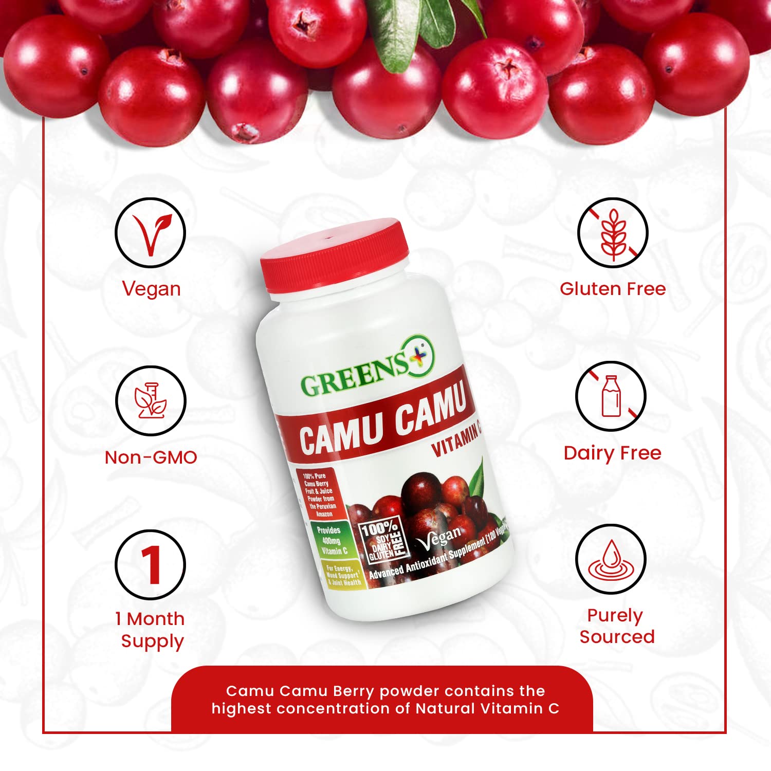 Greens+ Organic Reds Superfood Powder Camu Camu Dietary 400mg Vitamin C SuperFruit Supplement 120 Capsules, 100% Natural, Vitamins & Minerals, Vegan, Soy/Dairy/Gluten Free Greens+ uk supplements