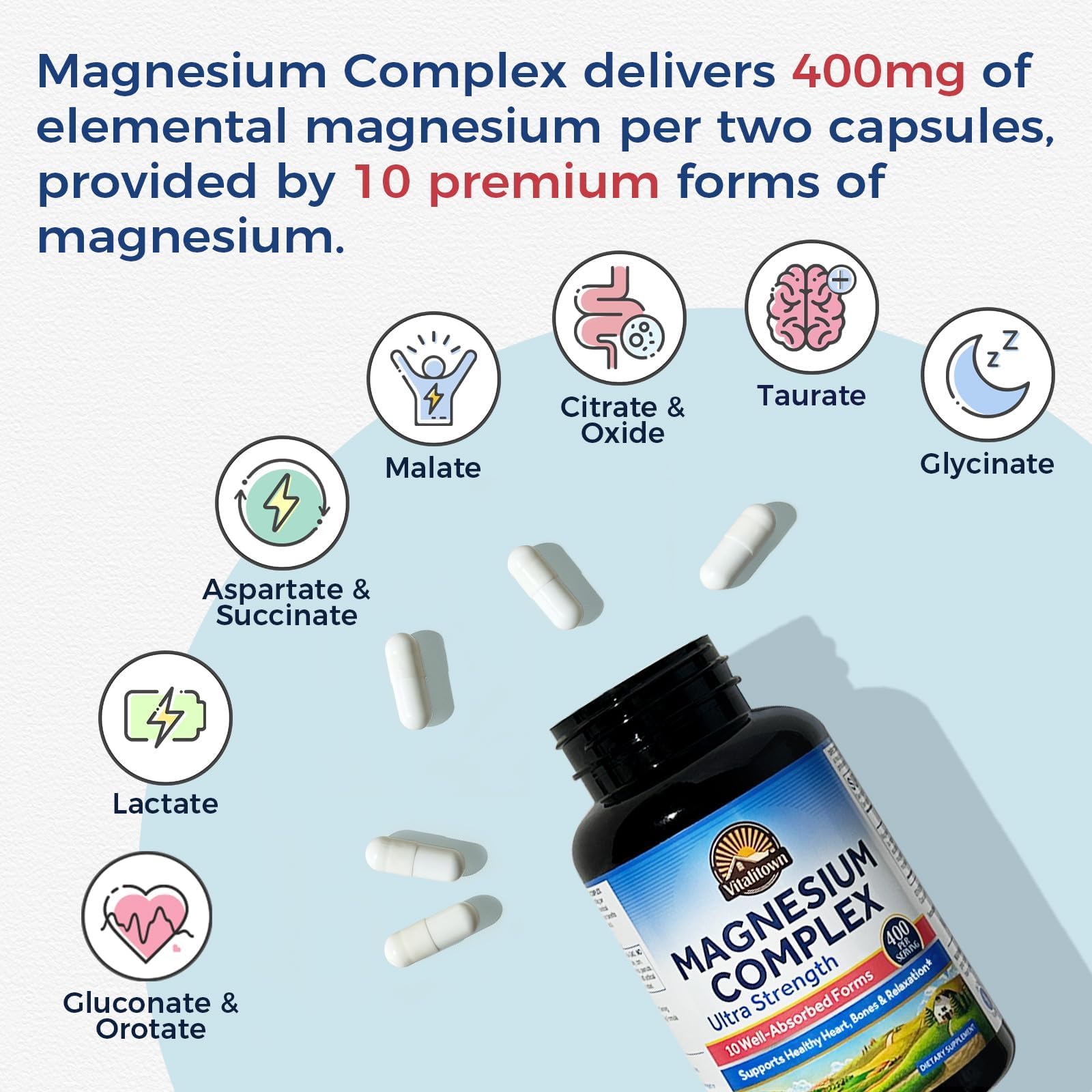 Vitalitown 10 in 1 Magnesium Complex Supplement - 400mg Elemental Magnesium Chelated with Glycinate, Citrate, Malate, Taurate & More - for Sleep Heart Energy - Non-GMO, Vegan, 90 Caps Vitalitown uk supplements
