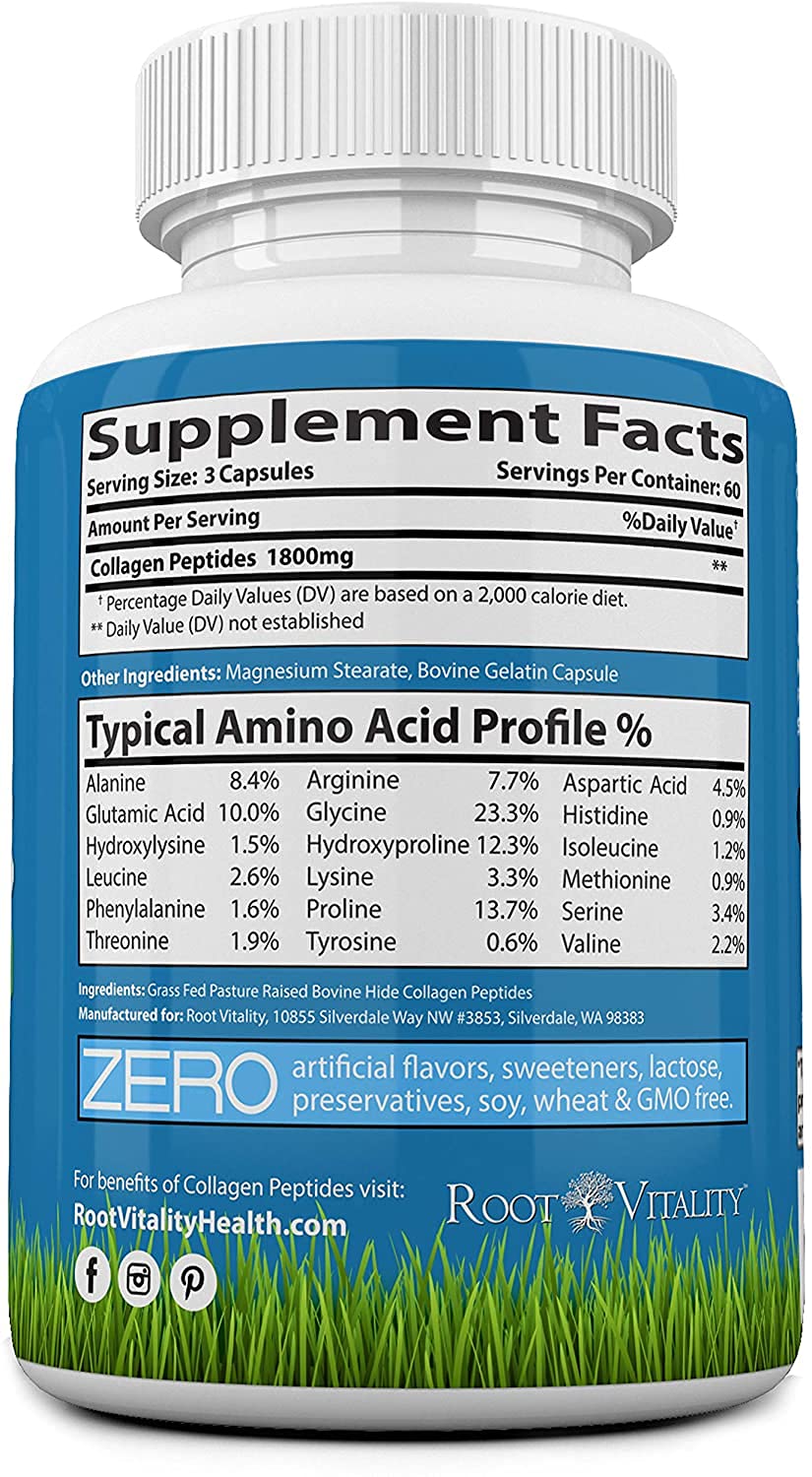 Root Vitality Collagen Peptides Capsules - Grass-Fed, Pasture-Raised Hydrolyzed Protein Supplement for Skin, Hair, & Nails - Non-GMO, Zero Sugar Daily Pills for Men & Women (180 Capsules) Root Vitality uk supplements