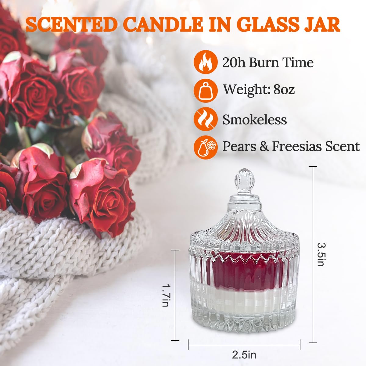 Red Rose Candle in Rippled Glass Jar for Valentine's Day Gifts, English Pear& Freesia Scented Candles Peytanger uk supplements