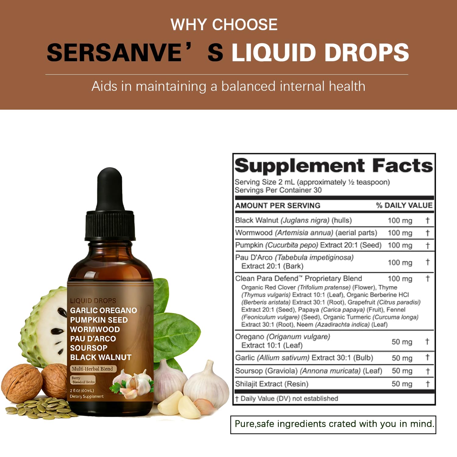 SERSANVE Natural Black Walnut Wormwood Gut Cleanse | Black Walnut Clove Drops with Pumpkin Seed, PAU D’Arco, Soursop, Garlic and Oregano | Vegan, Alcohol-Free Formula for Digestion Support, 2 fl oz SERSANVE uk supplements