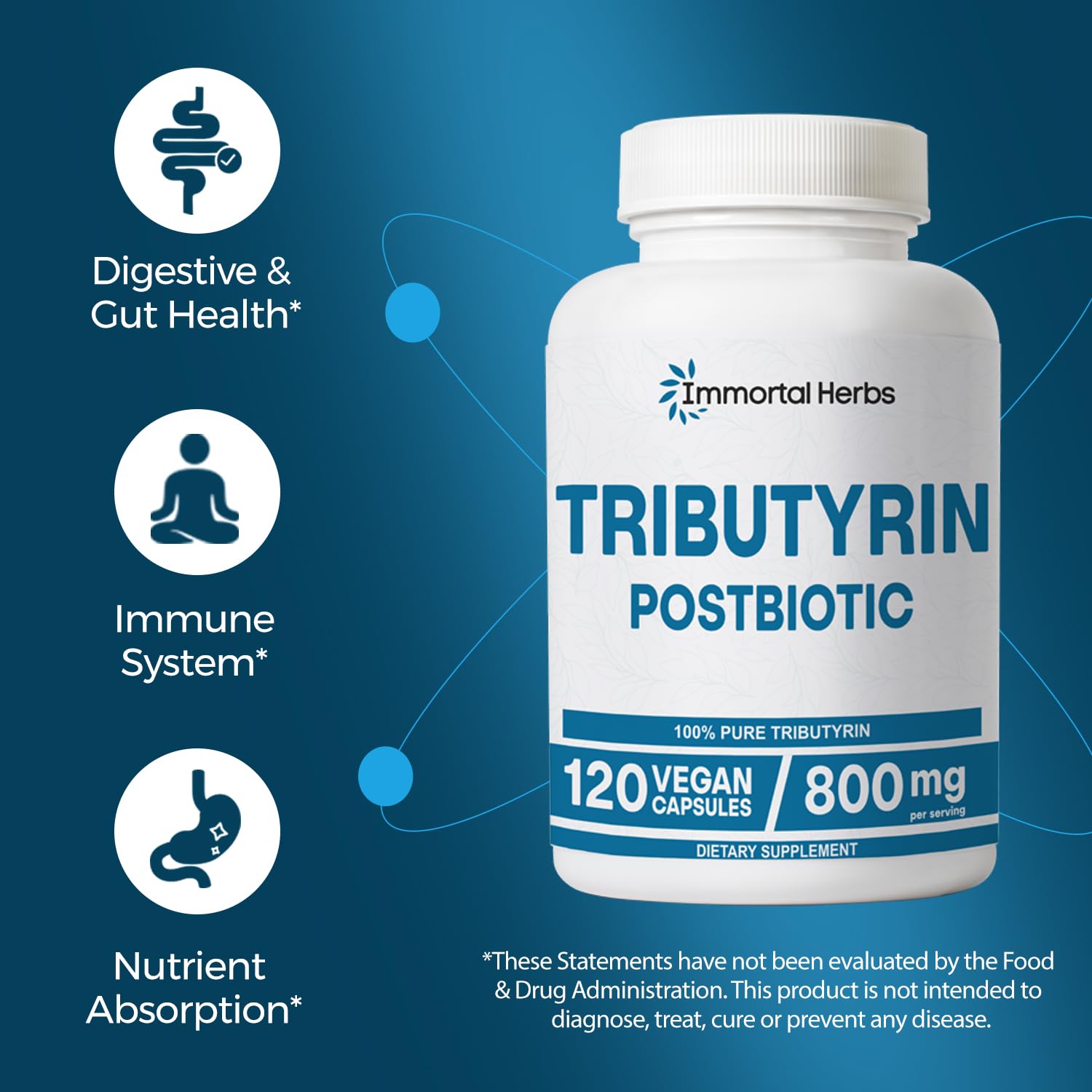 Immortal Herbs Tributyrin Supplement 800mg, Advanced Butyrate Form, 55% Standardized, More Effective Delivery Than Sodium Butyrate, 120 Capsules, Non-GMO & Gluten Free Postbiotic Supplement Immortal Herbs uk supplements
