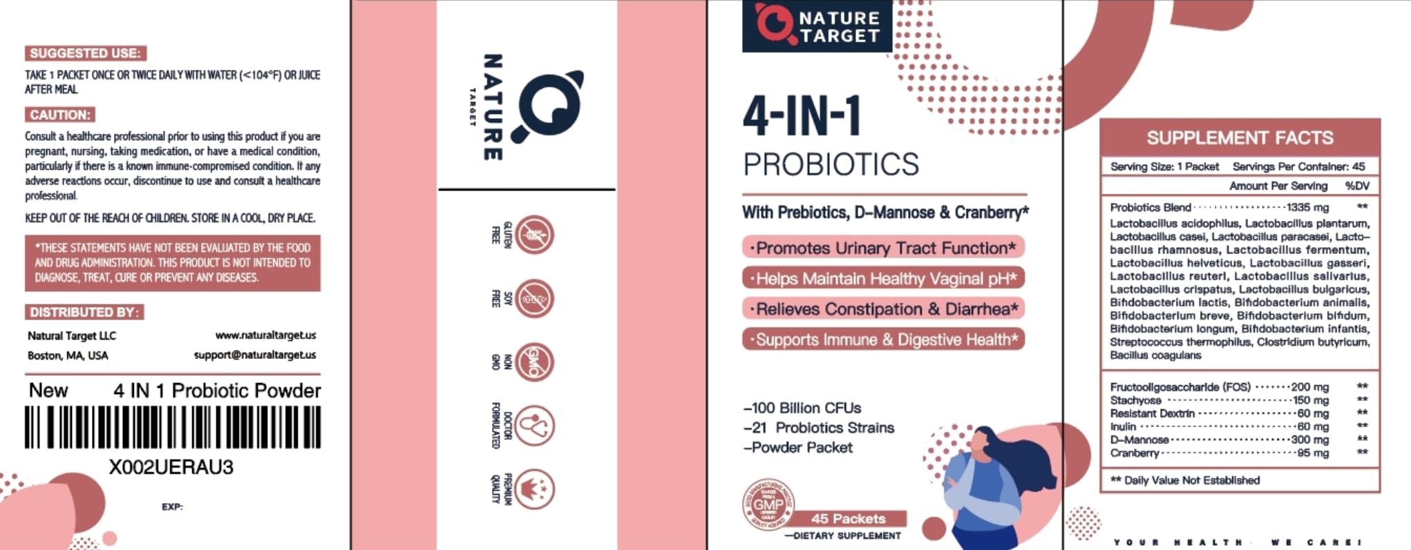 NATURE TARGET Probiotics-for-Women Prebiotics-and-Probiotics-Powder, 100-Billion-CFUs 45-Day-Supply, Women's-Probiotic with D-Mannose and Cranberry for Urinary Tract/Gut/Digestive Health NATURE TARGET uk supplements