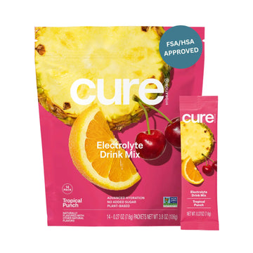 Cure Hydration | Plant-Based Electrolyte Drink Mix | No Added Sugar | FSA-HSA | Dehydration Relief Powder Made with Coconut Water | Non-GMO | Vegan | Pouch of 14 Packets - Tropical Punch Cure Hydration uk supplements
