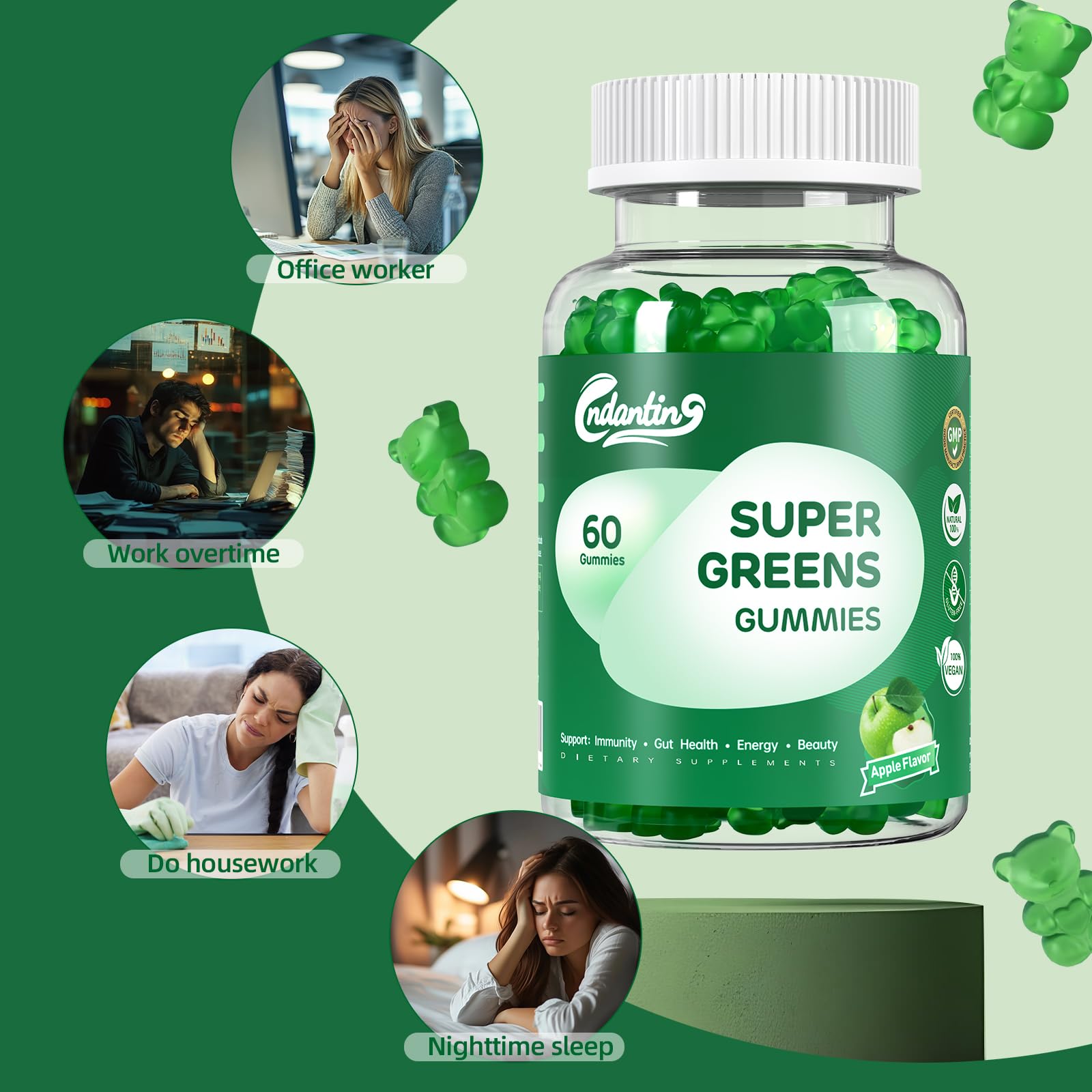 Multivitamin Super Greens Gummies - Daily Vegan Gummy Vitamins for Women, Apple Flavor | Organic Blend with Vitamin C, Turmeric, Zinc, Immune Support, Energy Booster, Metabolism | 60 Count CNDANTING uk supplements