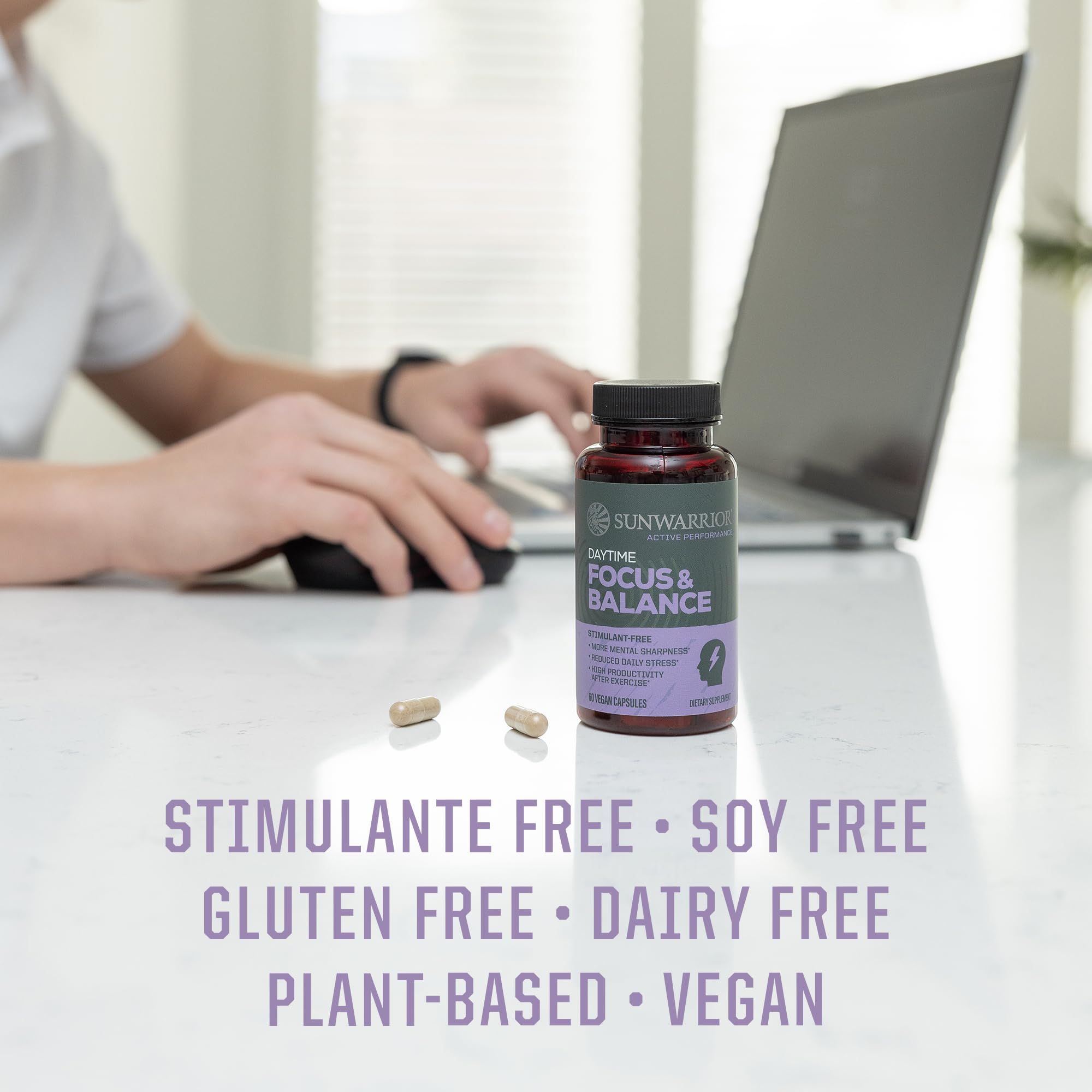 Ashwagandha, Rhodiola, Reishi & 5-HTP for Stress-Free Focus Active Focus & Balance Capsules Caffeine-Free Nootropic for Calm Energy & Mental Clarity, Mood & Immune Support 60 Vegan Capsules Sunwarrior uk supplements
