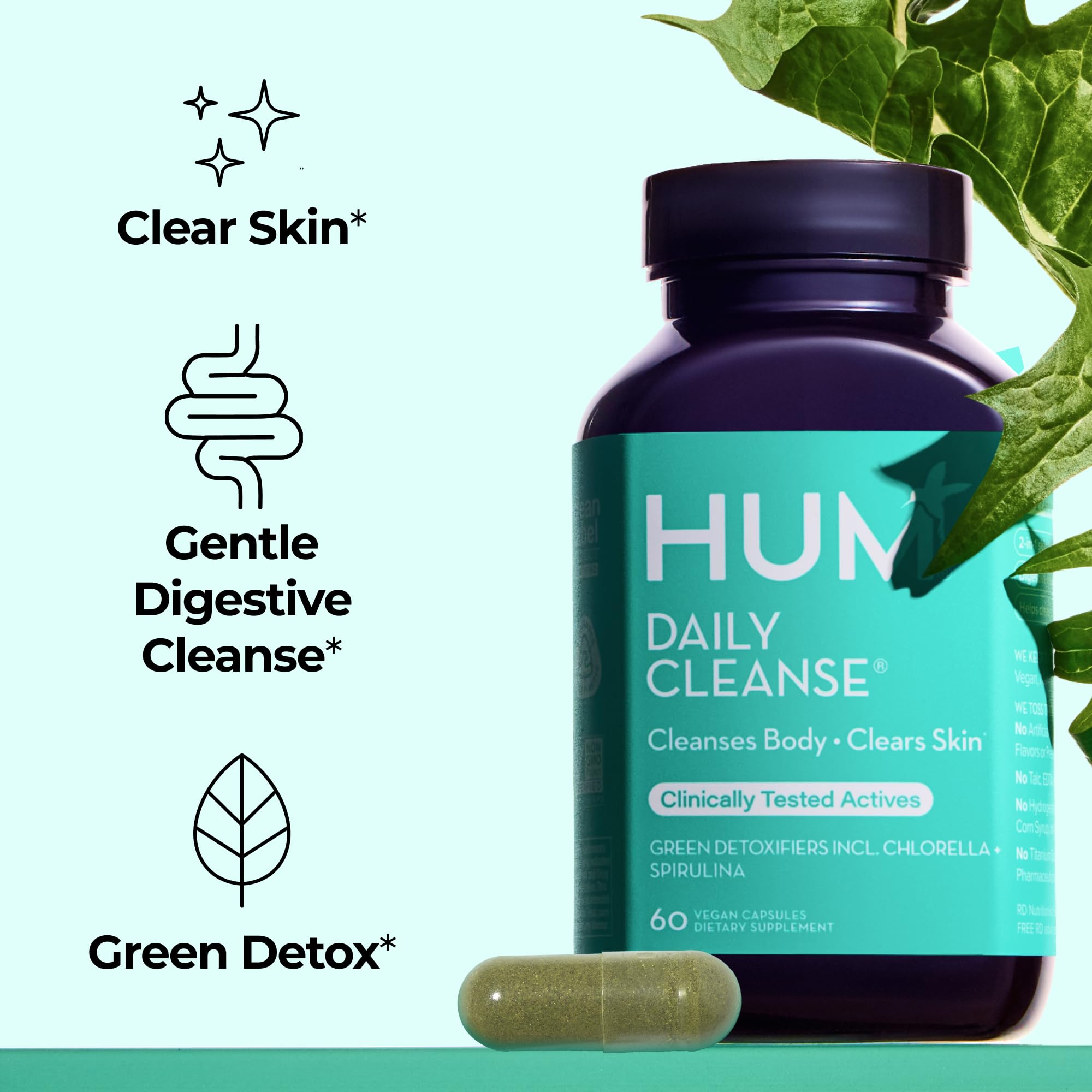 HUM Daily Cleanse Acne Supplements for Women & Men, Gentle Digestive Cleanse for Clear Skin Support, Zinc, Spirulina, Chlorella, Detoxifying Herbs, Organic Algae, Skin Vitamins Supplement, 60 Capsules HUM uk supplements