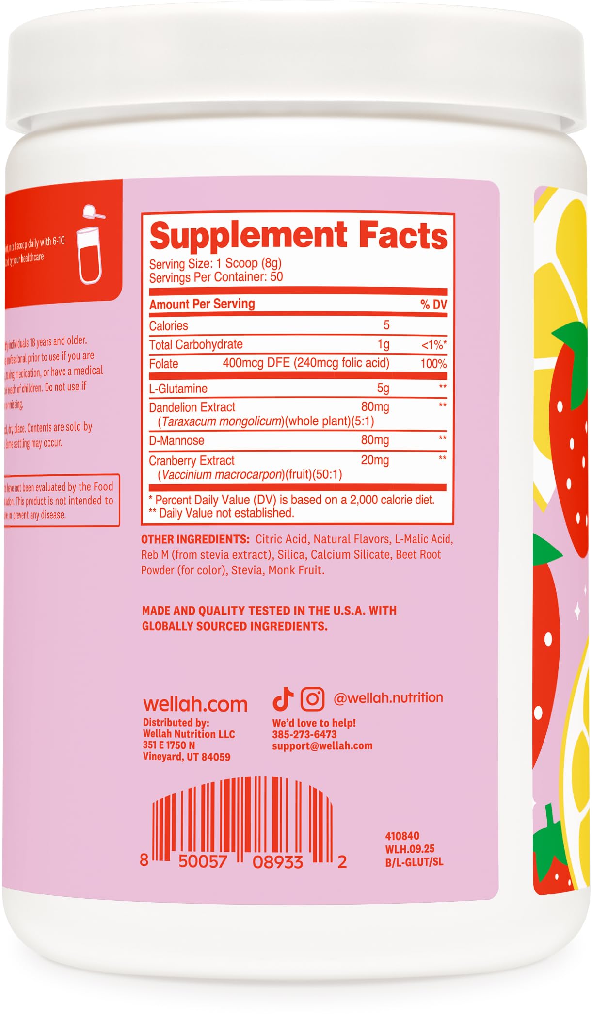 Wellah L-Glutamine Strawberry Lemonade Flavored (50 Servings) - 5g L-Glutamine Per Serving, Sweetened with Stevia Wellah uk supplements