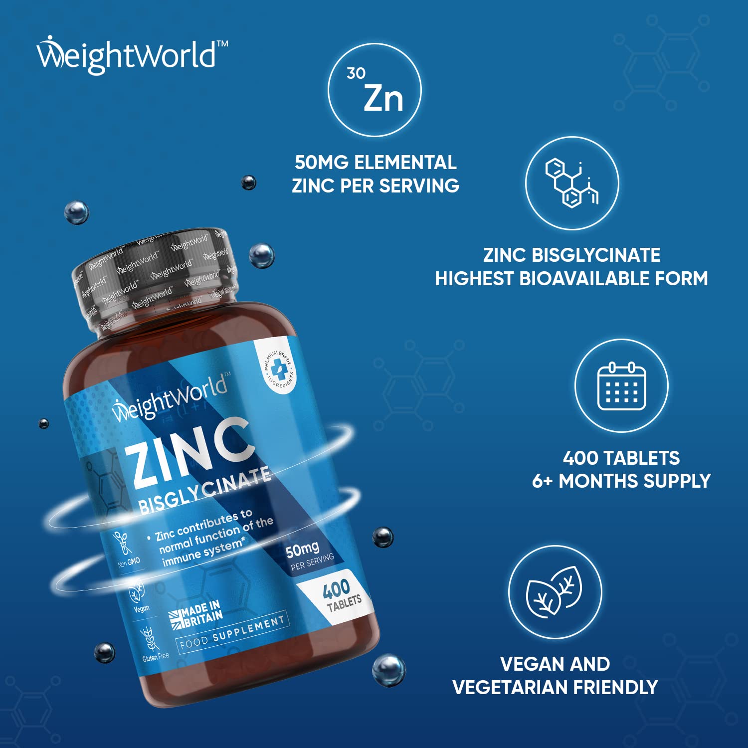 High Strength Zinc Tablets 50mg – 400 Vegan Zinc Bisglycinate Tablets 6+ Months WeightWorld uk supplements