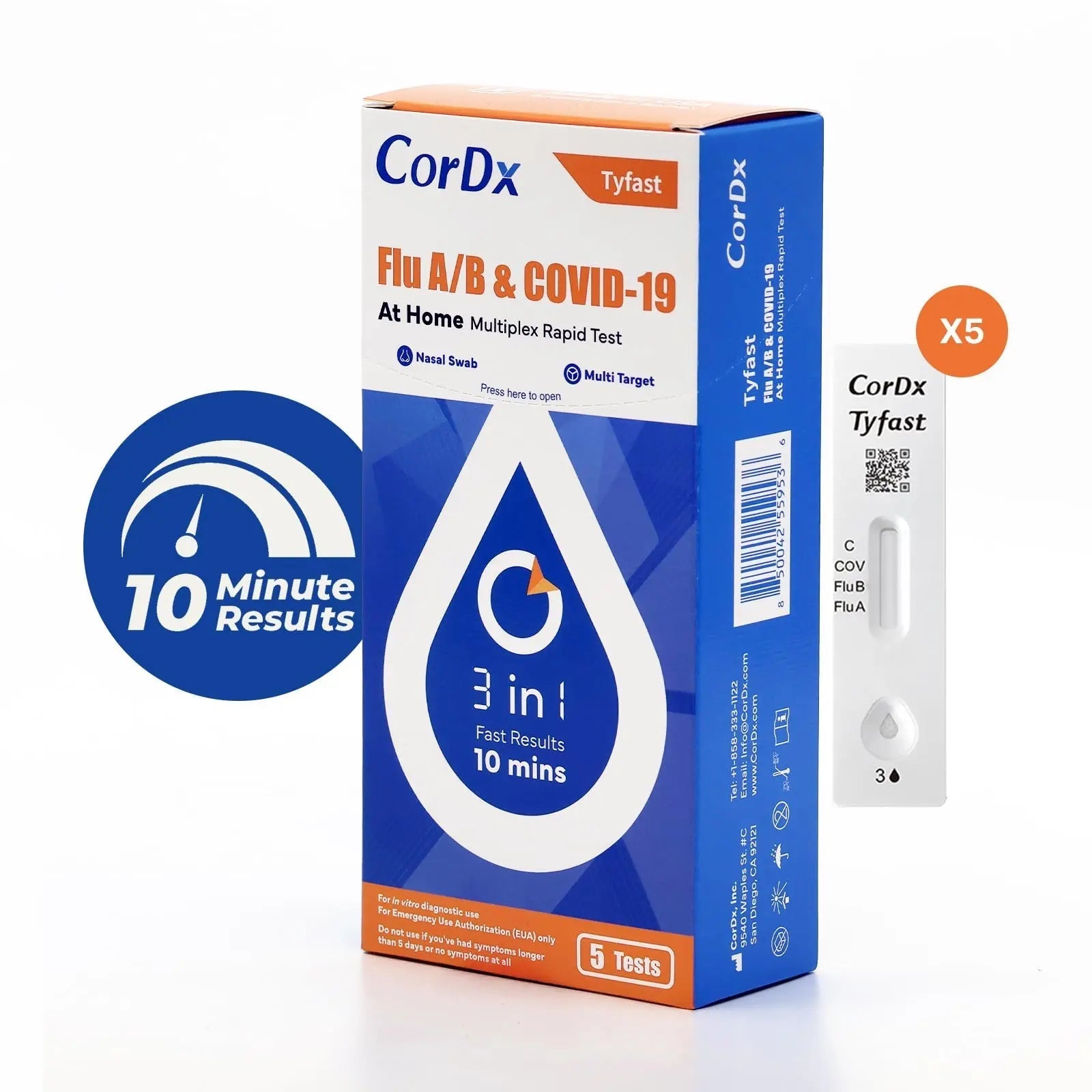 CorDx TyFast at Home Flu A/B & COVID-19 Multiplex Rapid Test Kit, Easy, Accurate, Fast Results in 10 Minutes, 3 in 1 Combo Kit, 5 Tests CorDx uk supplements