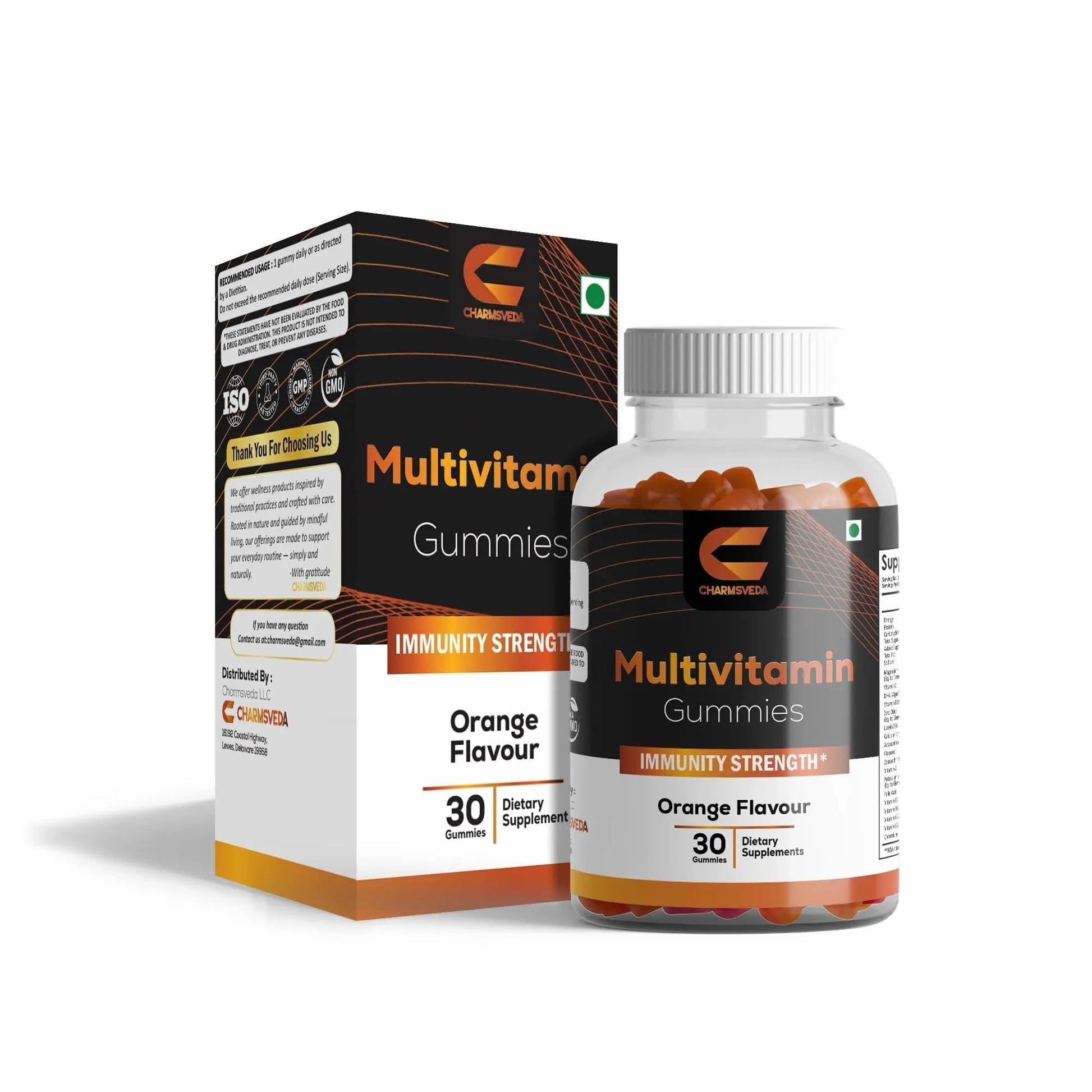 CHARMSVEDA Multivitamin Gummies – Energy, Immunity & Overall Wellness with DHA, Vitamin C, Zinc & Antioxidants – Orange Flavour – 30 Gummies CHARMSVEDA uk supplements