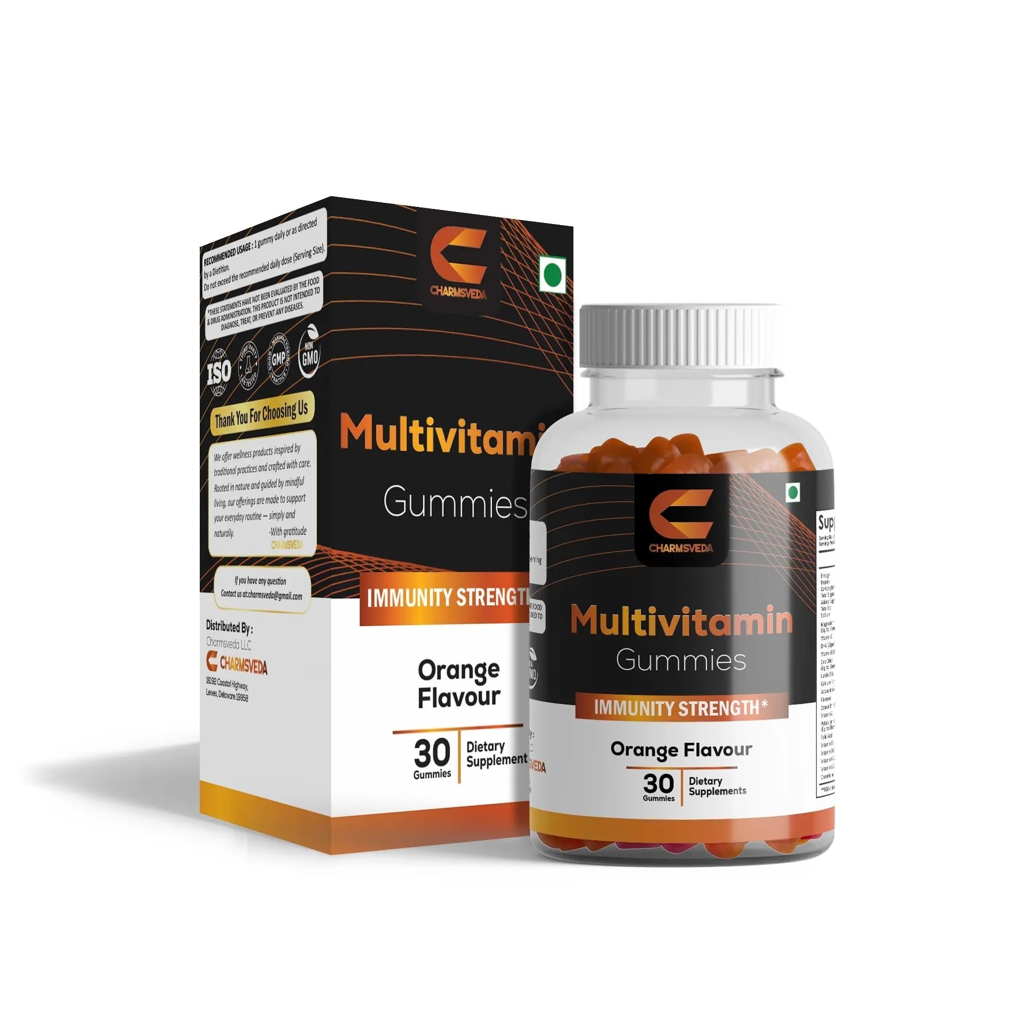 CHARMSVEDA Multivitamin Gummies – Energy, Immunity & Overall Wellness with DHA, Vitamin C, Zinc & Antioxidants – Orange Flavour – 30 Gummies CHARMSVEDA uk supplements