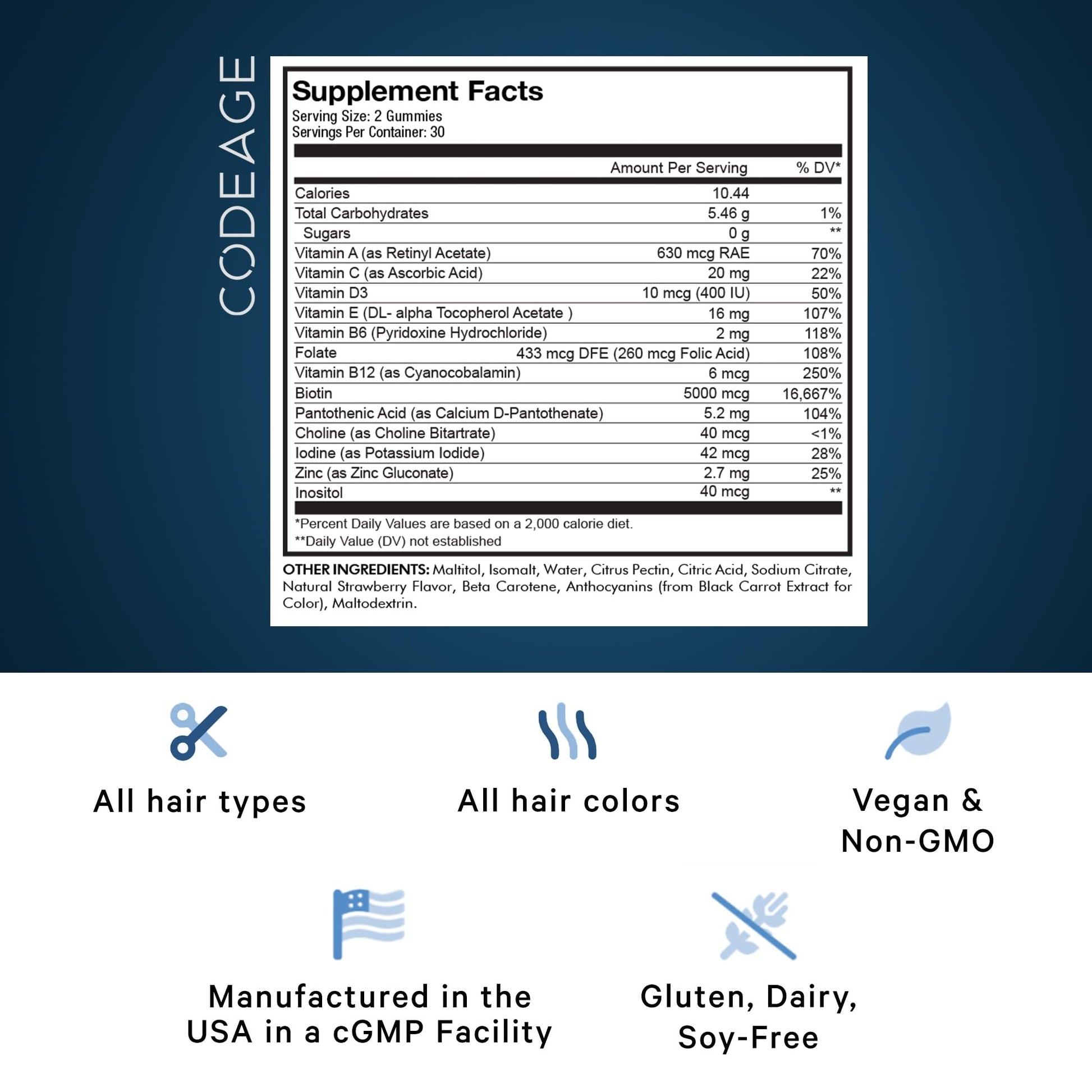 Codeage Hair Gummies, Biotin 5000 mcg, Sugar Free Growth Gummy Vitamins A, C, B6, B12, D3, Zinc, Inositol Supplement Codeage uk supplements