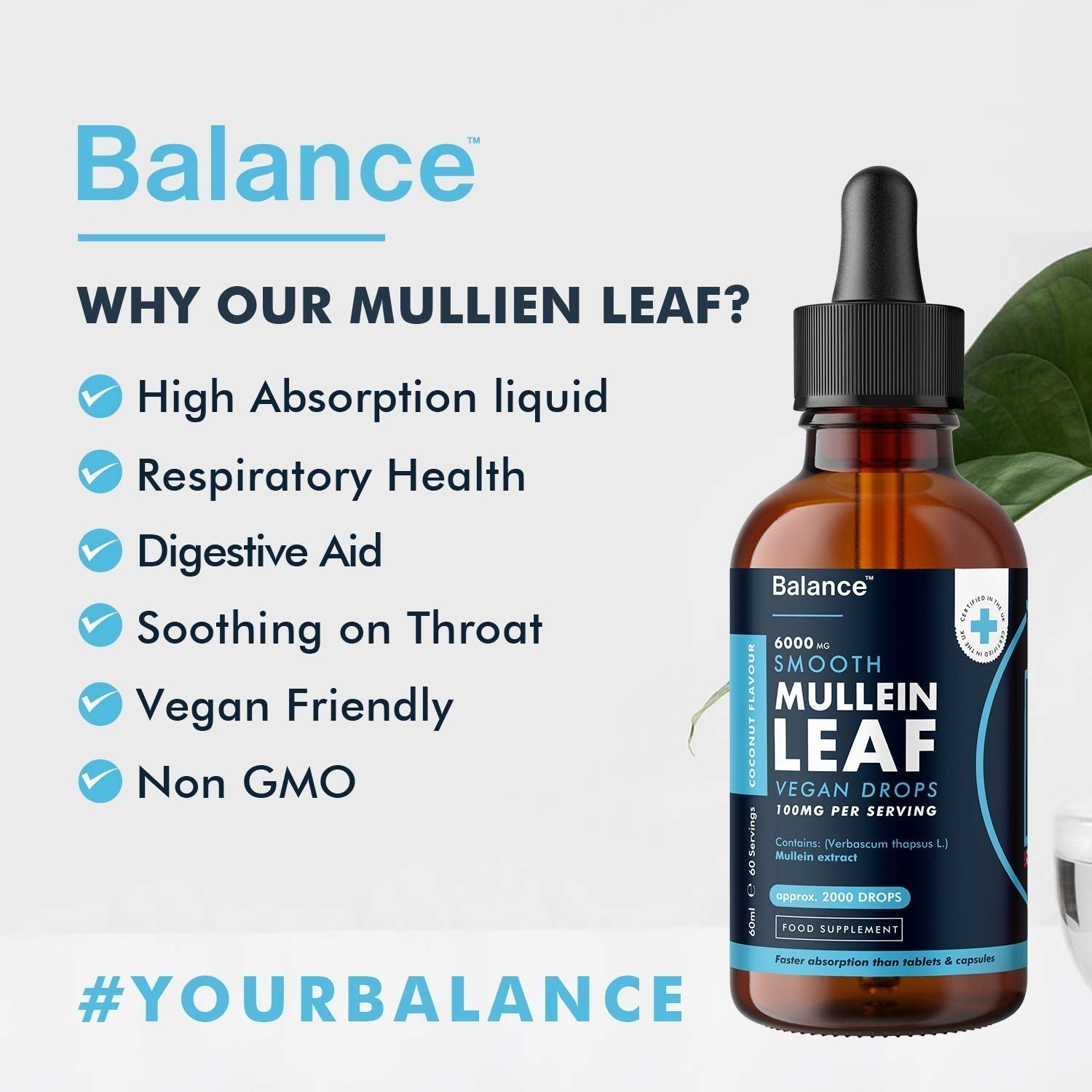 Balance Mullein Leaf Liquid Drops - 60ml for 2 Month Supply - High Strength - Vegan Balance uk supplements