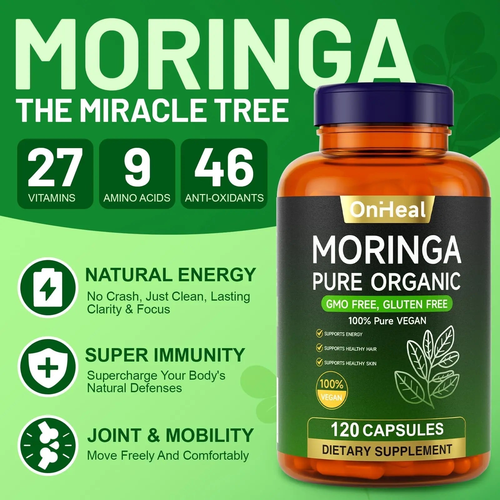 YBFQ Organic Moringa Capsules 1000 mg, 120 Count - Moringa Capsules with Organic Olefeira Powder, Supports Healthy Hair and Skin, Energy and Balance YBFQ uk supplements