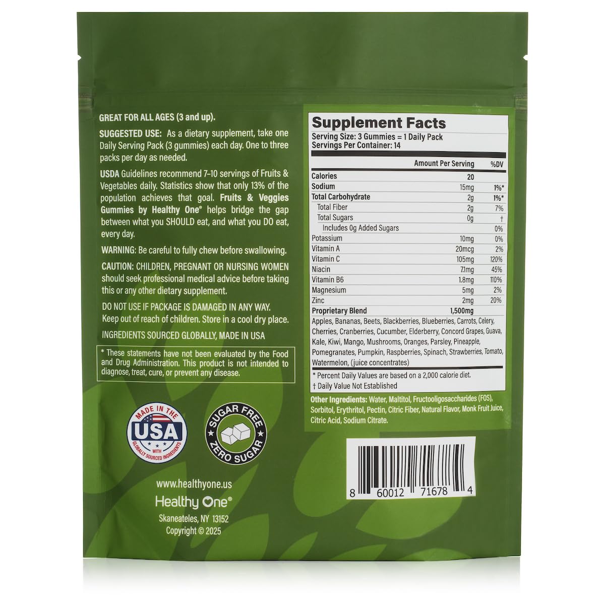 Fruits & Veggies Sugar-Free Gummies - 27 Whole Foods - Equals 3 Servings of Fruits & Vegetables - Improve Energy, Focus & Immune Function - Fiber - Antioxidants - Organic Ingredients - 14 Packets Healthy One uk supplements