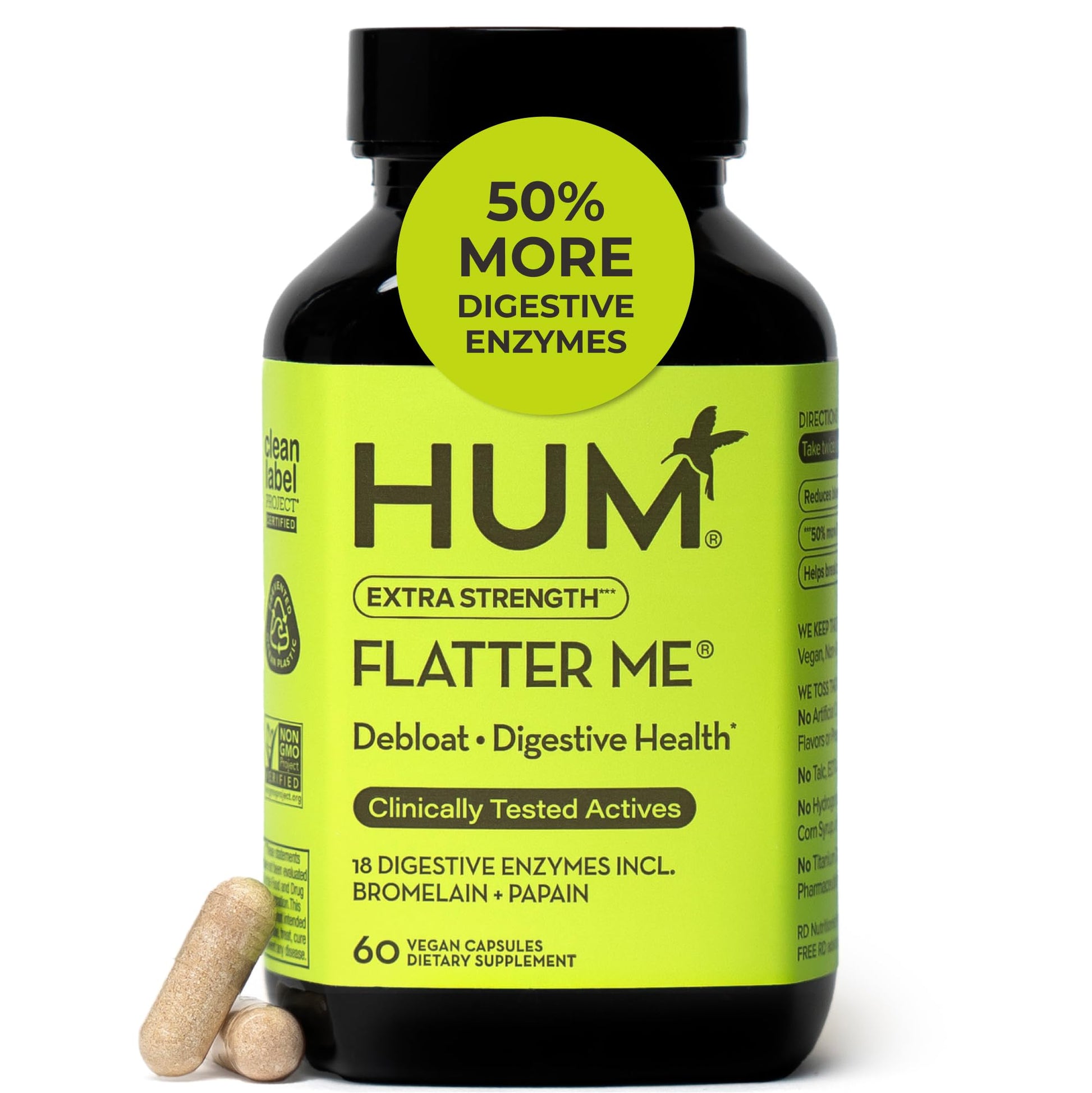 HUM Flatter Me Extra Strength Digestive Enzymes for Women, Men, Digestive Gut Bloating Supplement, Ginger, Peppermint Leaf, Fast Acting Anti Bloat Pills Multi Enzyme for Debloating, 60 Capsules HUM uk supplements