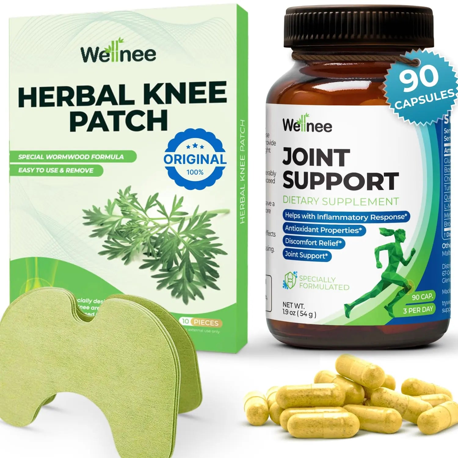 Wellnee Knee & Joint Wellness Bundle – Herbal Patches (10 pcs) & Support Capsules (90 servings) Wellnee uk supplements