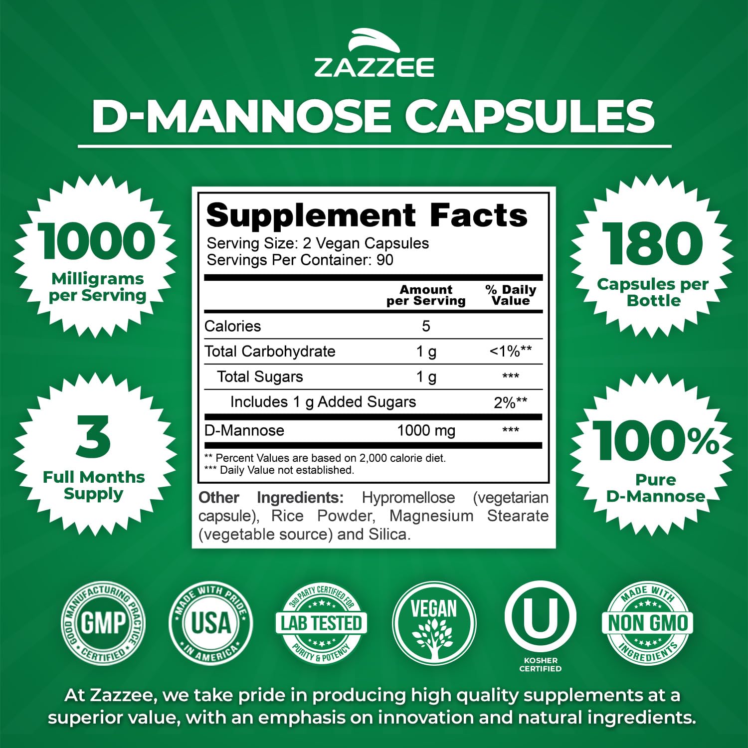 Zazzee D-Mannose, 1000 mg per Serving, 180 Vegan Capsules, 3 Month Supply, Potent & Fast-Acting, Certified Kosher, 100% Pure, All-Natural Urinary Tract Health Support, 100% Vegetarian, Non-GMO Zazzee uk supplements