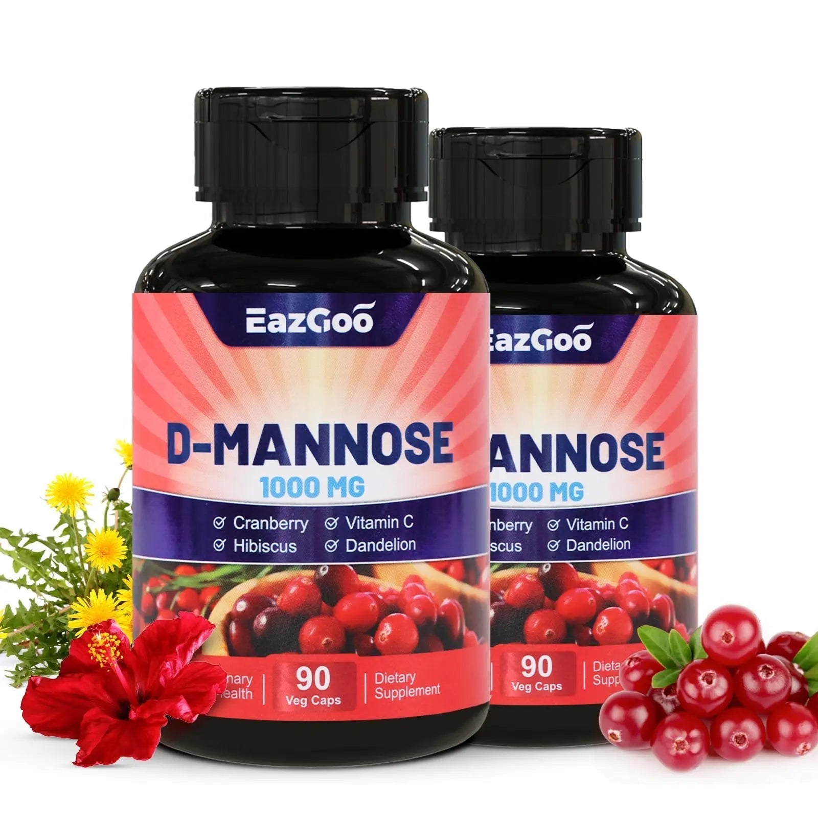 EAZGOO D-Mannose Supplement – 1000mg Capsules with Cranberry, Vitamin C, Hibiscus & Dandelion Extract, Support Urinary Health, D Mannose & Cranberry Capsules, 90 Count(Pack of 2) EAZGOO uk supplements