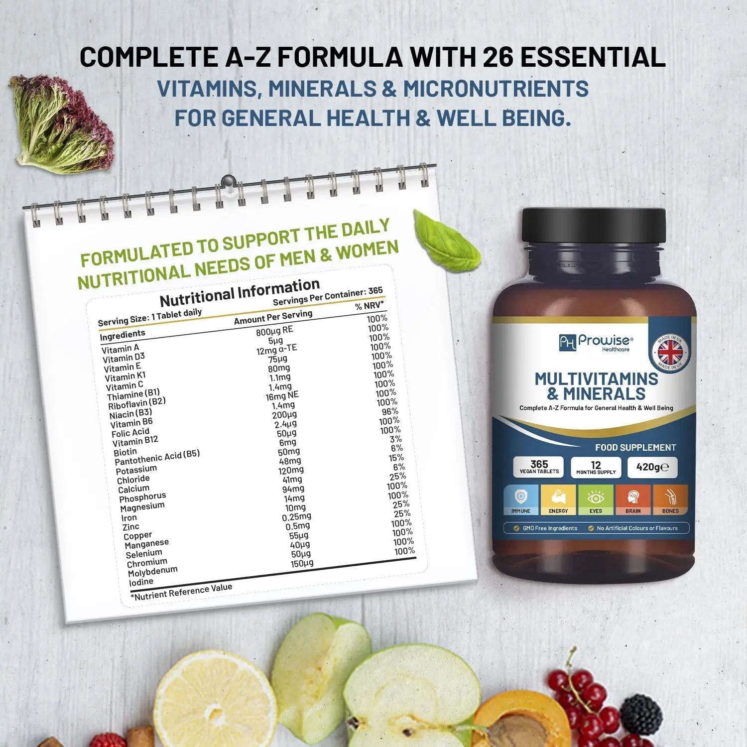 A-Z Multivitamins & Minerals I 365 Vegan Tablets (1 Year Supply) I 26 Essential Active Vitamins, Minerals & Micronutrients PH PROWISE Healthcare uk supplements