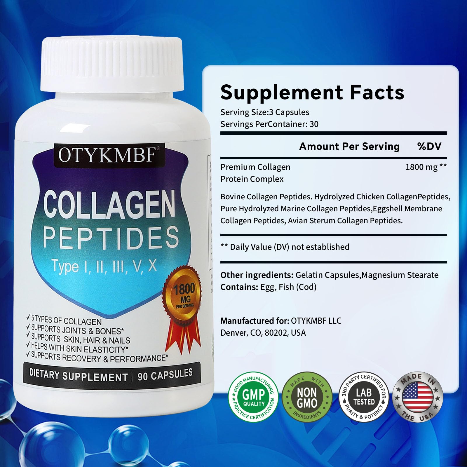 OTYKMBF Multi Collagen Peptides Pills 1800mg, Type I, II, III, V, X - Hydrolyzed Premium Collagen Complex Supports Skin, Joints, Hair & Nails, Hydrolyzed Protein for Women Men, 90 Capsules OTYKMBF uk supplements
