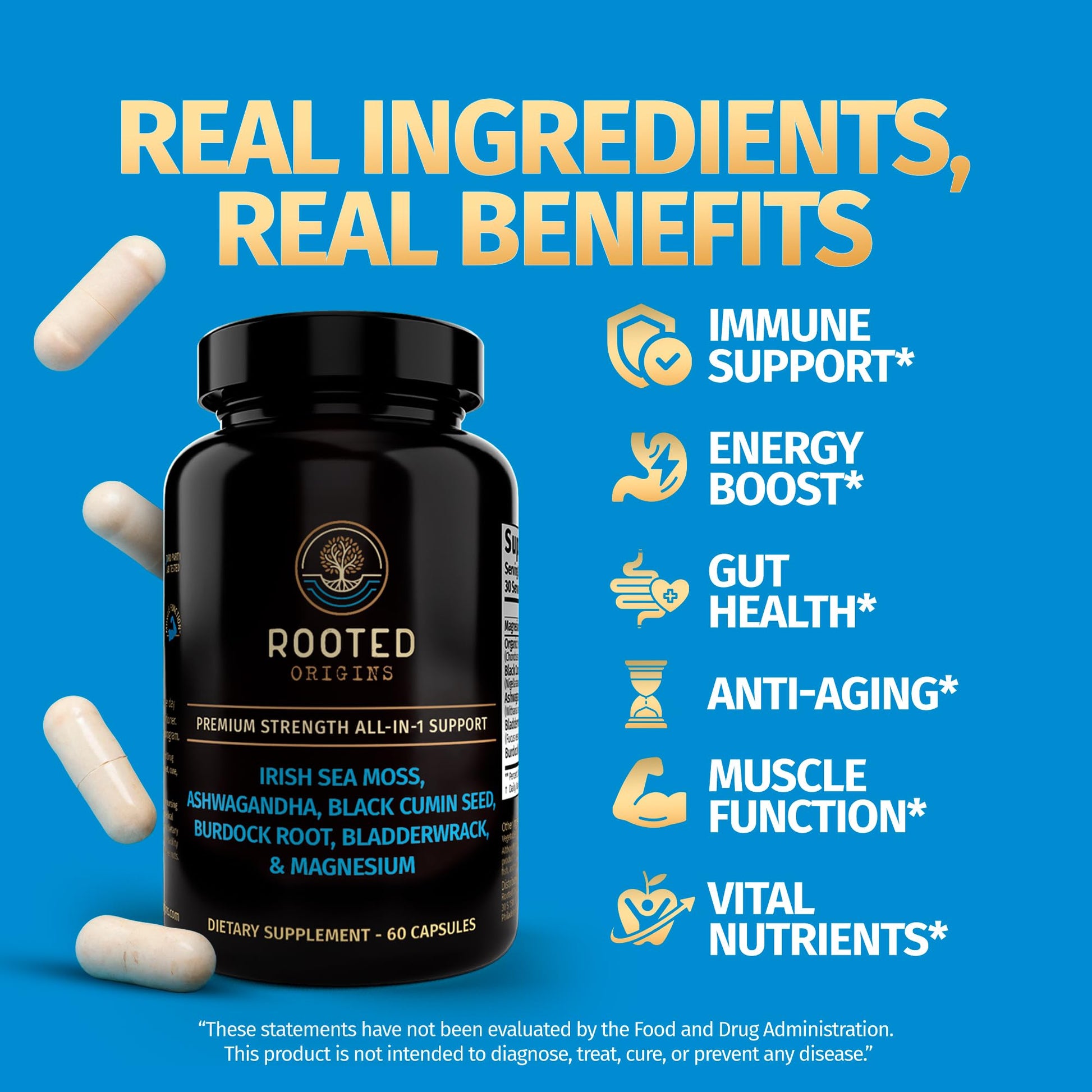Rooted Origins Sea Moss Capsules – Irish Sea Moss Advanced, Magnesium, Ashwaghanda, Black Seed Oil, Burdock Root & Bladderwrack – Immune Support, Gut Health, Energy, & More – 60 Capsules Rooted Origins uk supplements