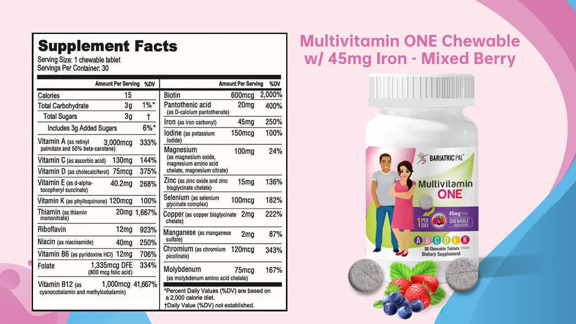 BariatricPal Multivitamin ONE 1 per Day! Bariatric Multivitamin Chewable with 45mg Iron - Mixed Berry (30 Count) BariatricPal uk supplements