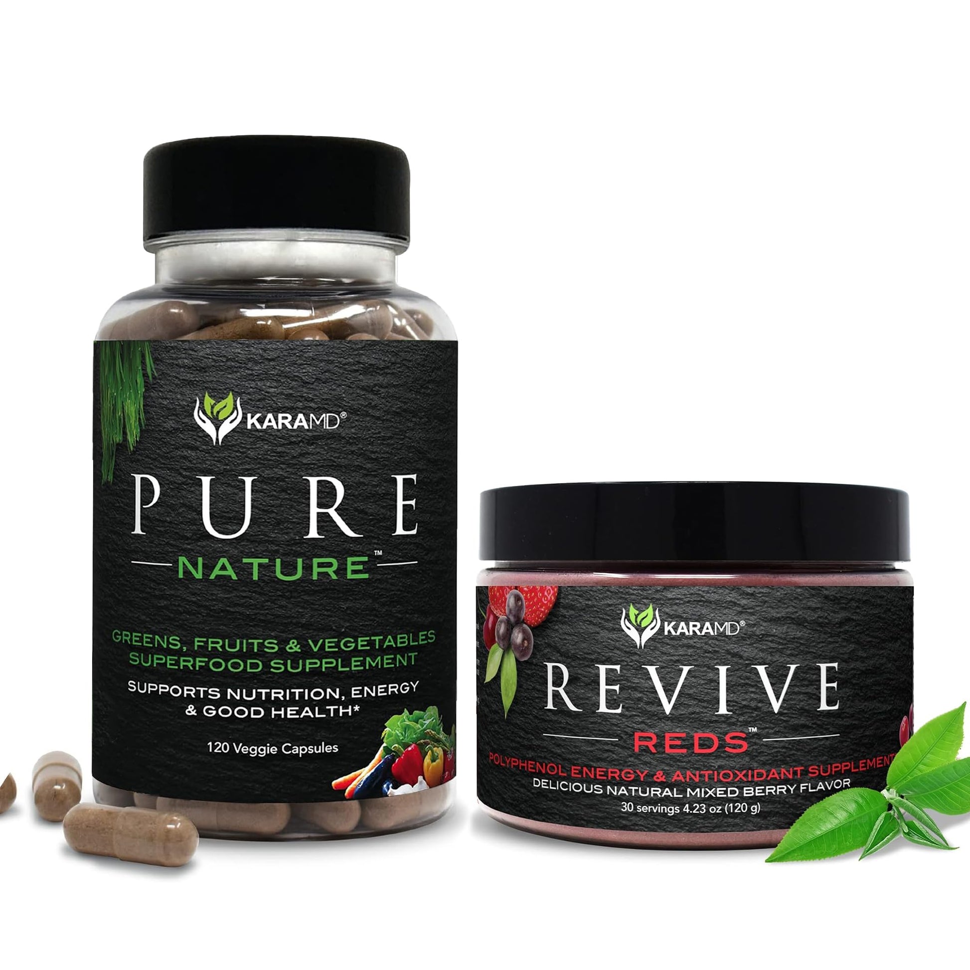 KaraMD Pure Nature Greens Whole Food Supplement & Revive Reds Polyphenol Energy Booster | Antioxidants, Shilajit & Enzymes | Vegan Friendly, Gluten Free, Non-GMO (30 Servings) KaraMD uk supplements