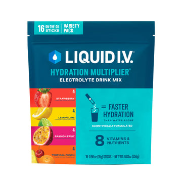 Liquid I.V.® Hydration Multiplier - Variety Pack - Lemon Lime, Passion Fruit, Strawberry, Tropical Punch | Electrolyte Powder Drink Mix | 1 Pack (16 Servings) Liquid I.V. uk supplements
