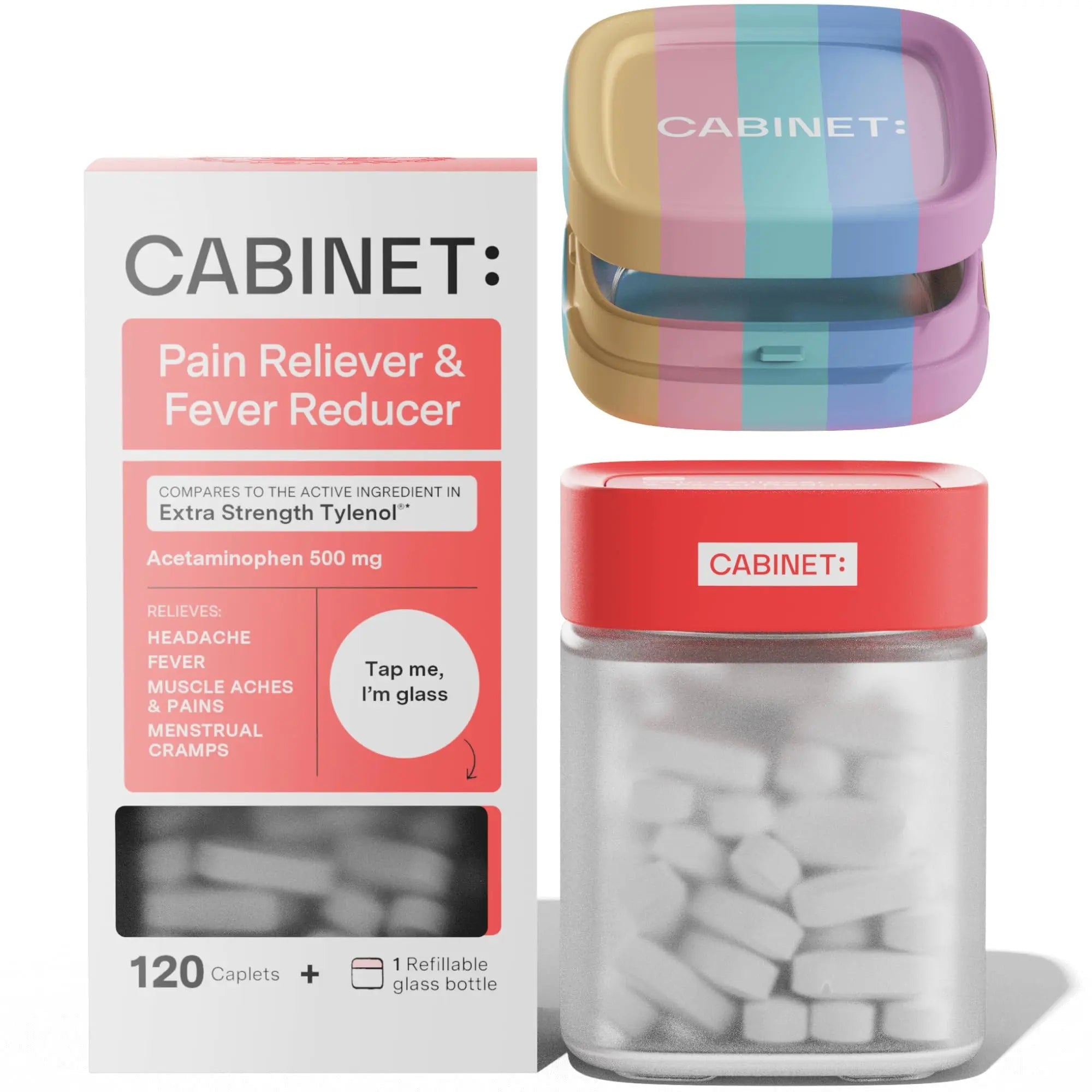 Cabinet: 500mg Acetaminophen for Headache Relief, Toothaches, Sore Throat, and Fever Reducer, Includes 1 Refillable Medicine Jar, 120 Tablets Refillable Glass Jar - w/Travel Tin Cabinet: uk supplements