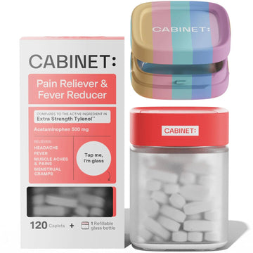 Cabinet: 500mg Acetaminophen for Headache Relief, Toothaches, Sore Throat, and Fever Reducer, Includes 1 Refillable Medicine Jar, 120 Tablets Refillable Glass Jar - w/Travel Tin Cabinet: uk supplements