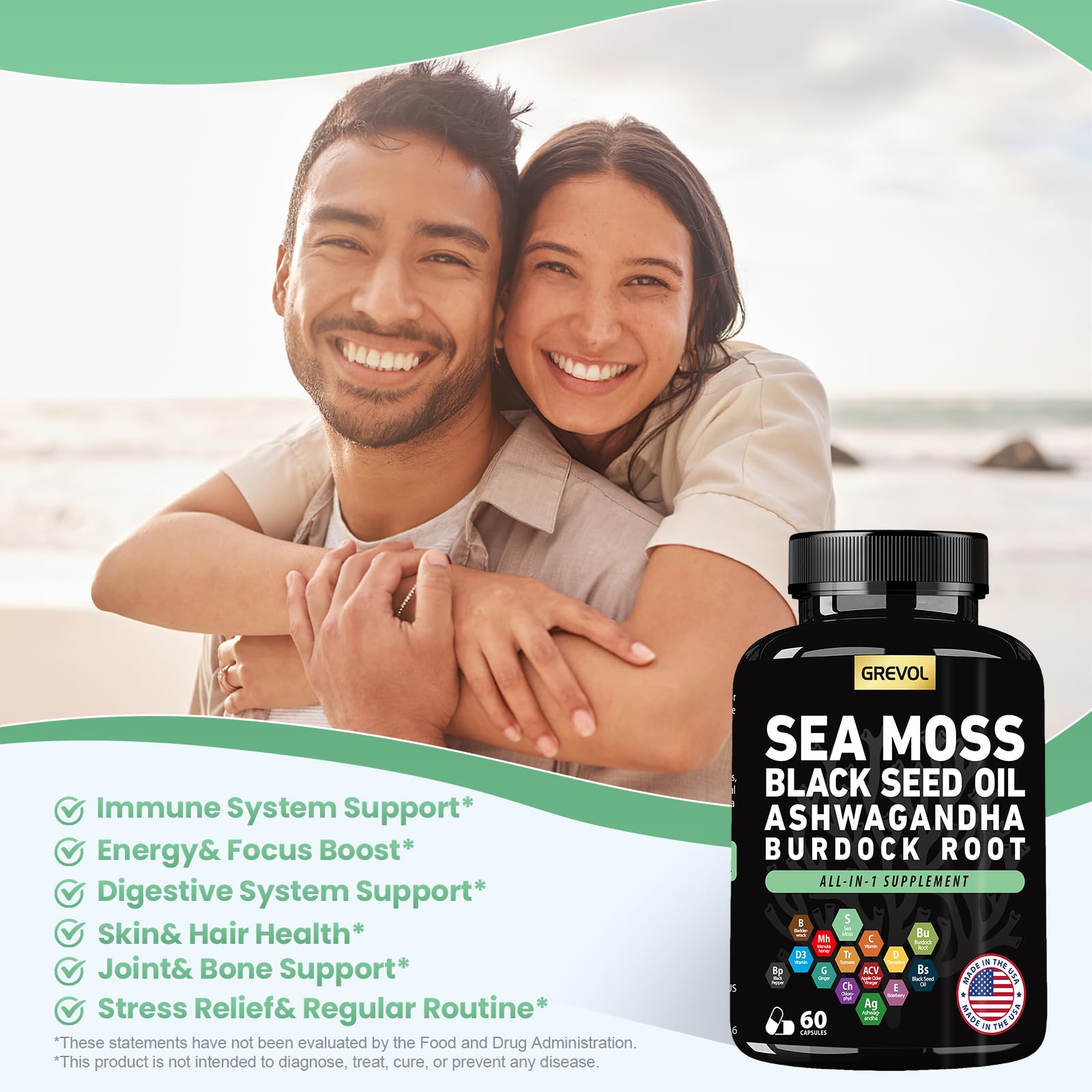 Sea Moss Black Seed Oil Ashwagandha Bladderwrack Burdock Root Turmeric & Vitamin C D3 Elderberry ACV Black Pepper - Multimineral Supplement - 60 Count Grevol uk supplements