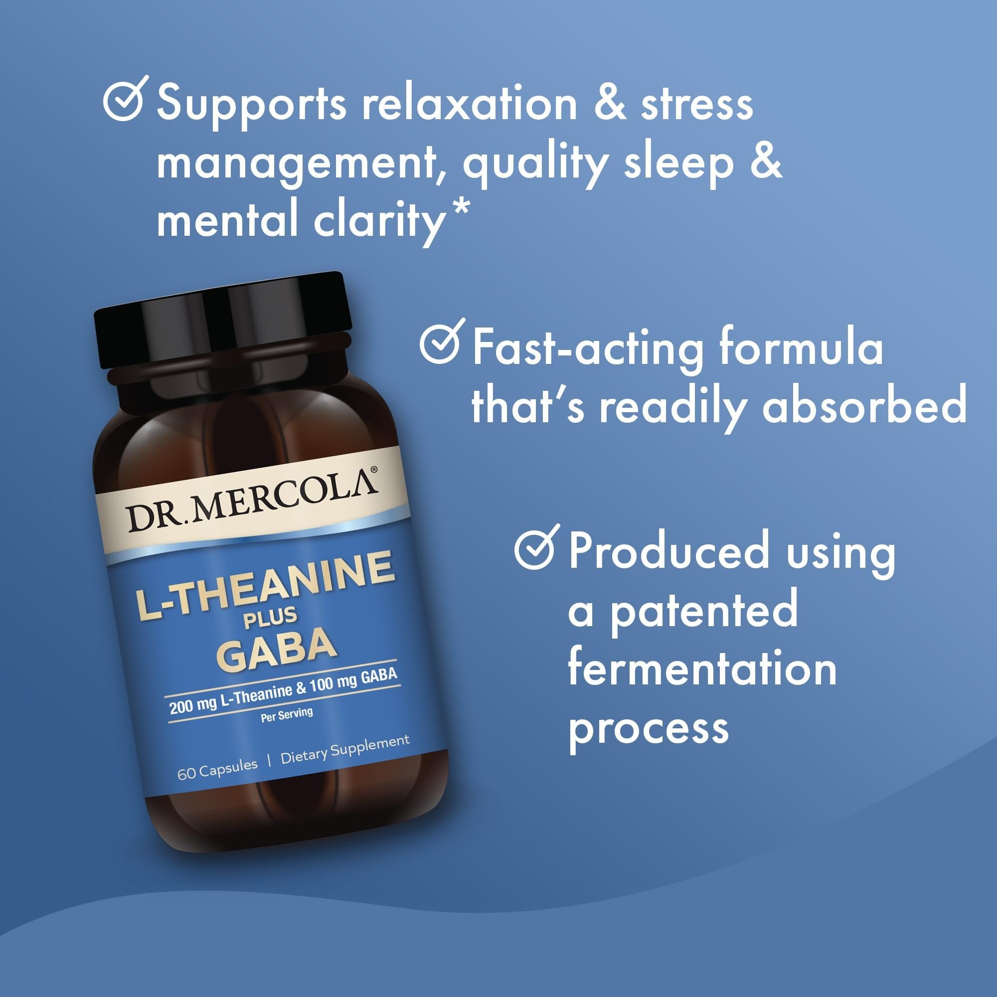 Dr. Mercola L-Theanine Plus GABA - Supports Relaxation - Focus & Cognitive Function - Stress Support Supplement - 200 mg L-Theanine - 100 mg GABA - 60 Capsules Dr. Mercola uk supplements