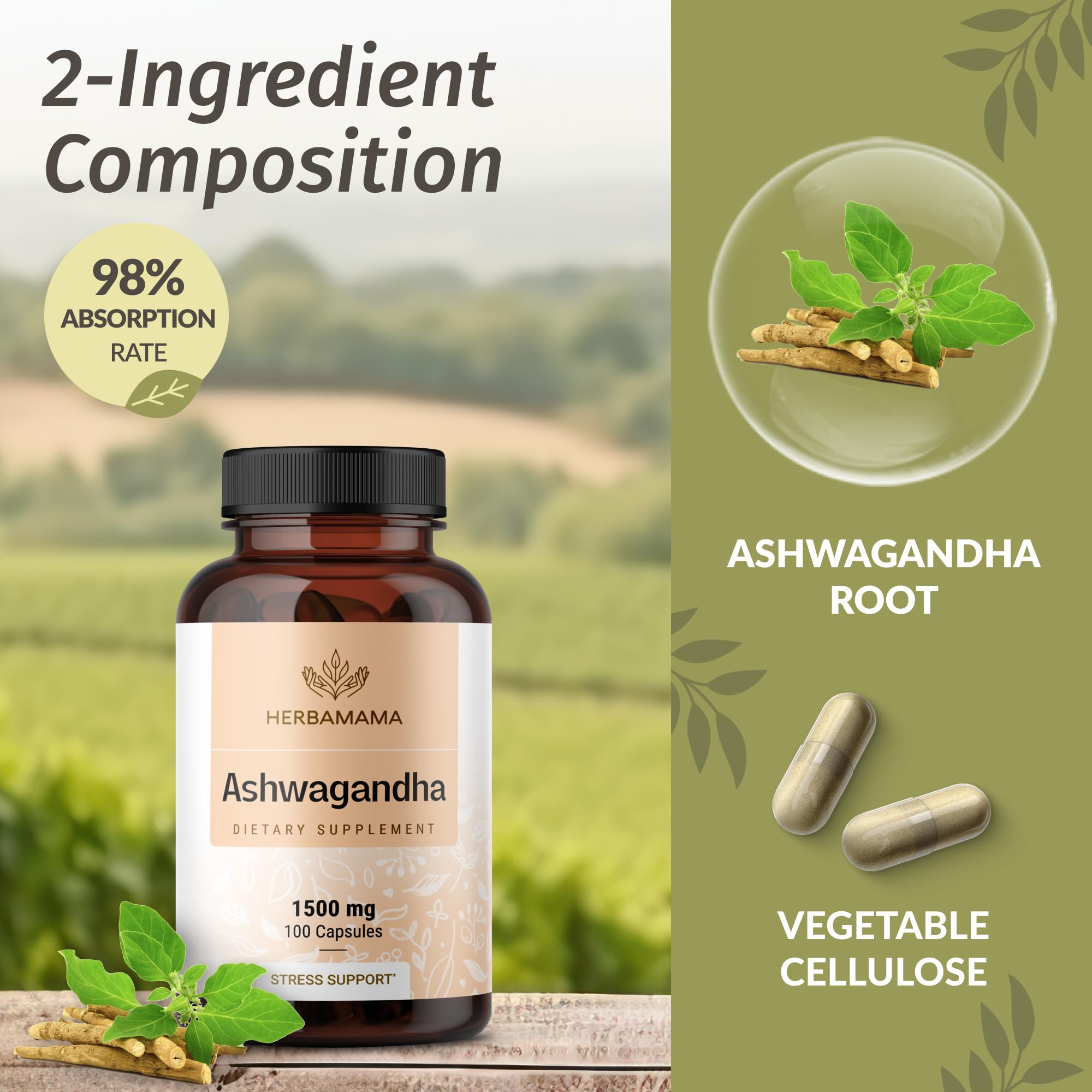 HERBAMAMA Ashwagandha Capsules - 1500mg Pure Ashwagandha Root Focus Supplement - Vegan, Non-GMO Mood & Calm Support Supplement for Adults, 100 Caps HERBAMAMA uk supplements