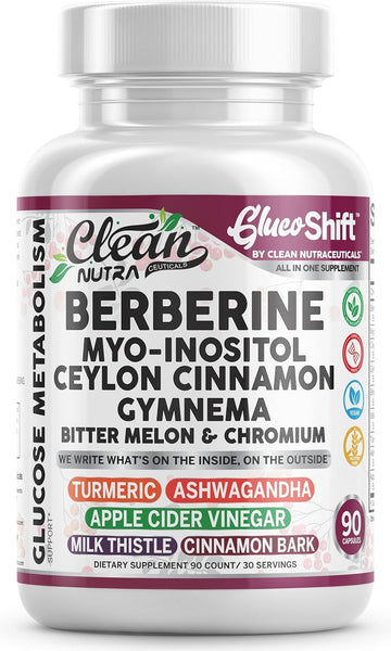 Clean Nutra Berberine Supplement Myo-Inositol Ceylon Cinnamon Gymnema Bitter Melon Chromium Complex for Digestion, Antioxidant Support & Wellness 90 Vegan Capsules Non-GMO Clean Nutraceuticals uk supplements