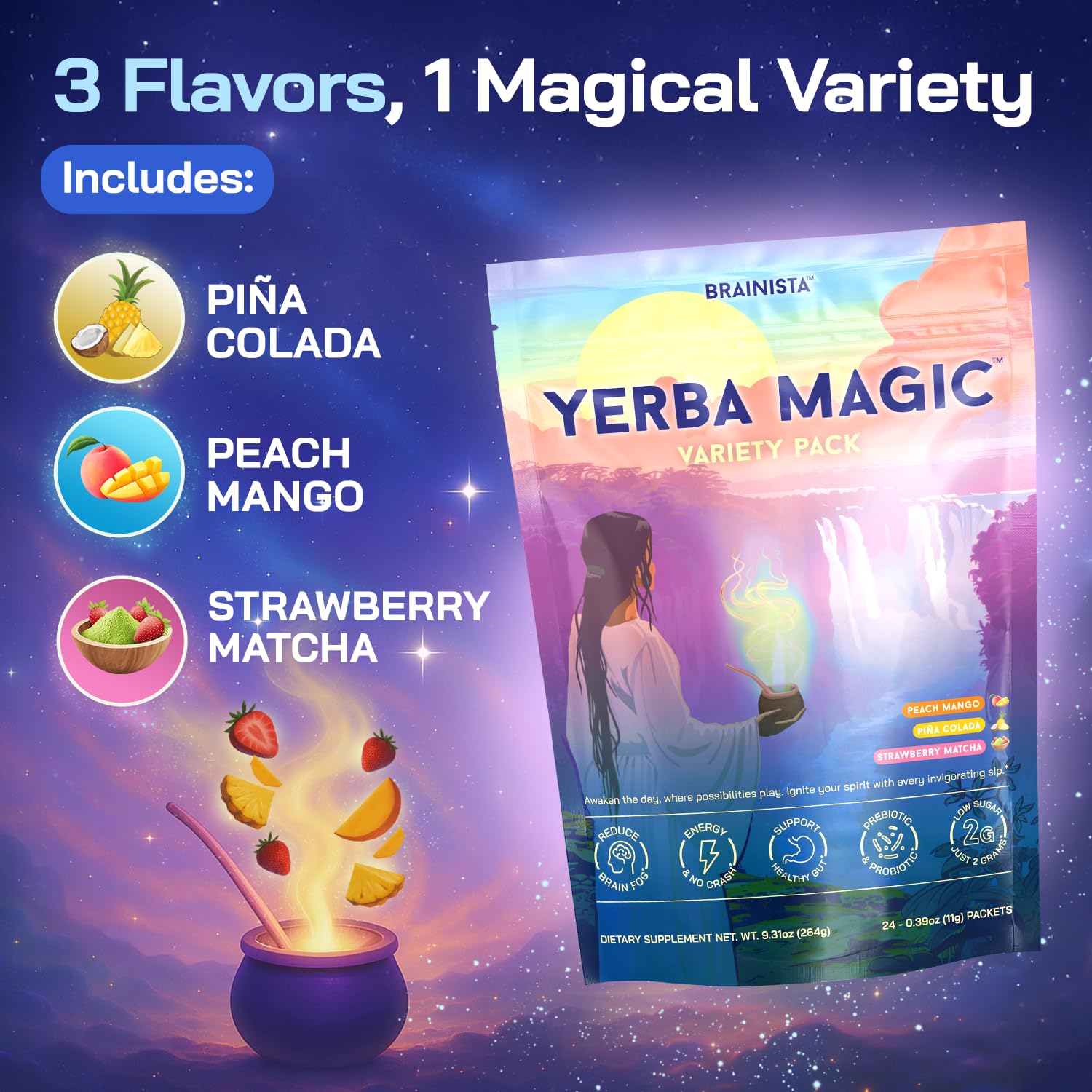 Yerba Magic Instant Yerba Mate Powder Packets – Clean Energy & Focus Drink Mix for Gut Health – Nootropic Blend with Lion’s Mane, L-Theanine, Prebiotics & Probiotics – Low Sugar Natural Caffeine – Variety Pack, 24 Sticks Brainista uk supplements