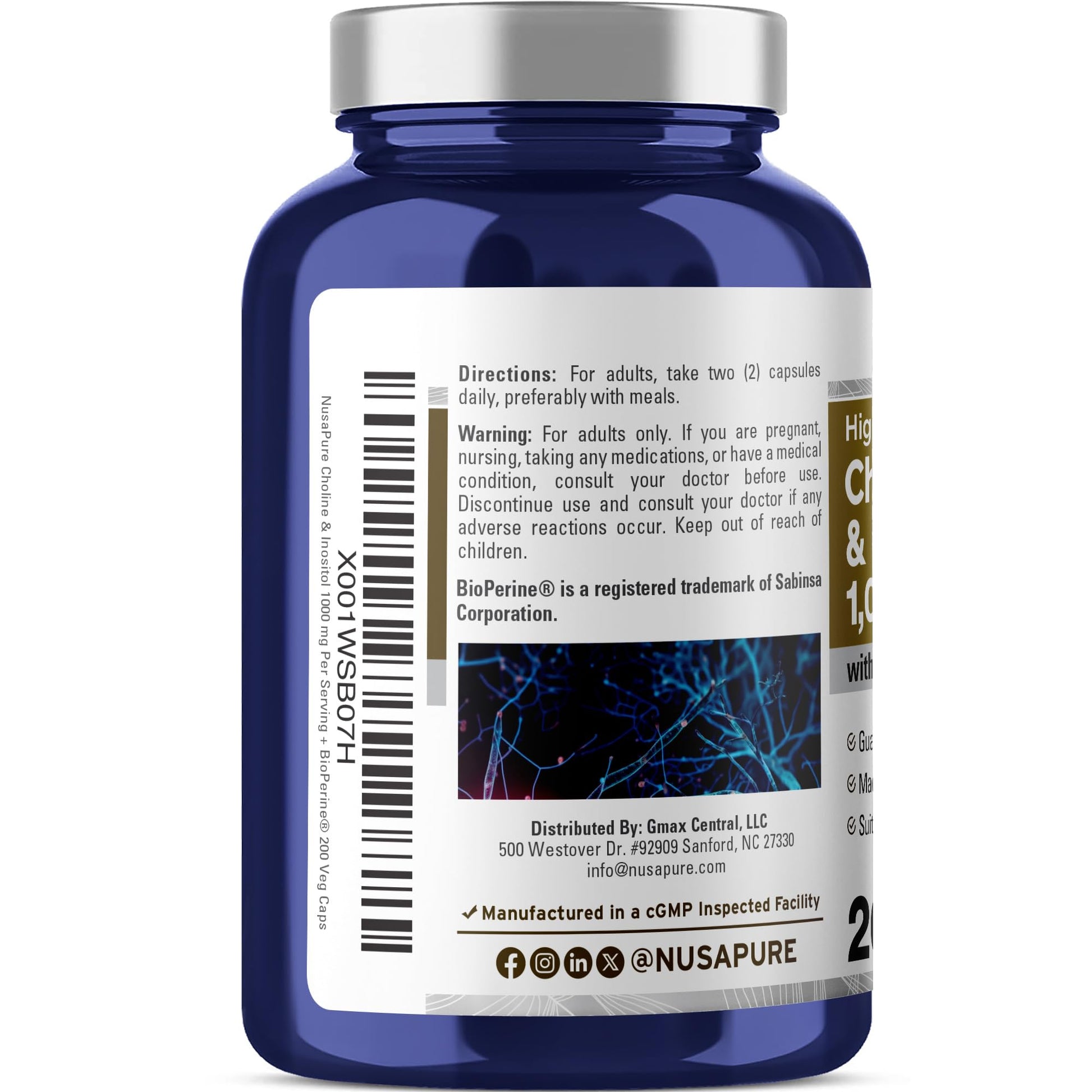 NusaPure Choline & Inositol - Suitable for Vegetarian/Vegan, Non - GMO - 1000mg - 200 Veggie Capsules NusaPure uk supplements